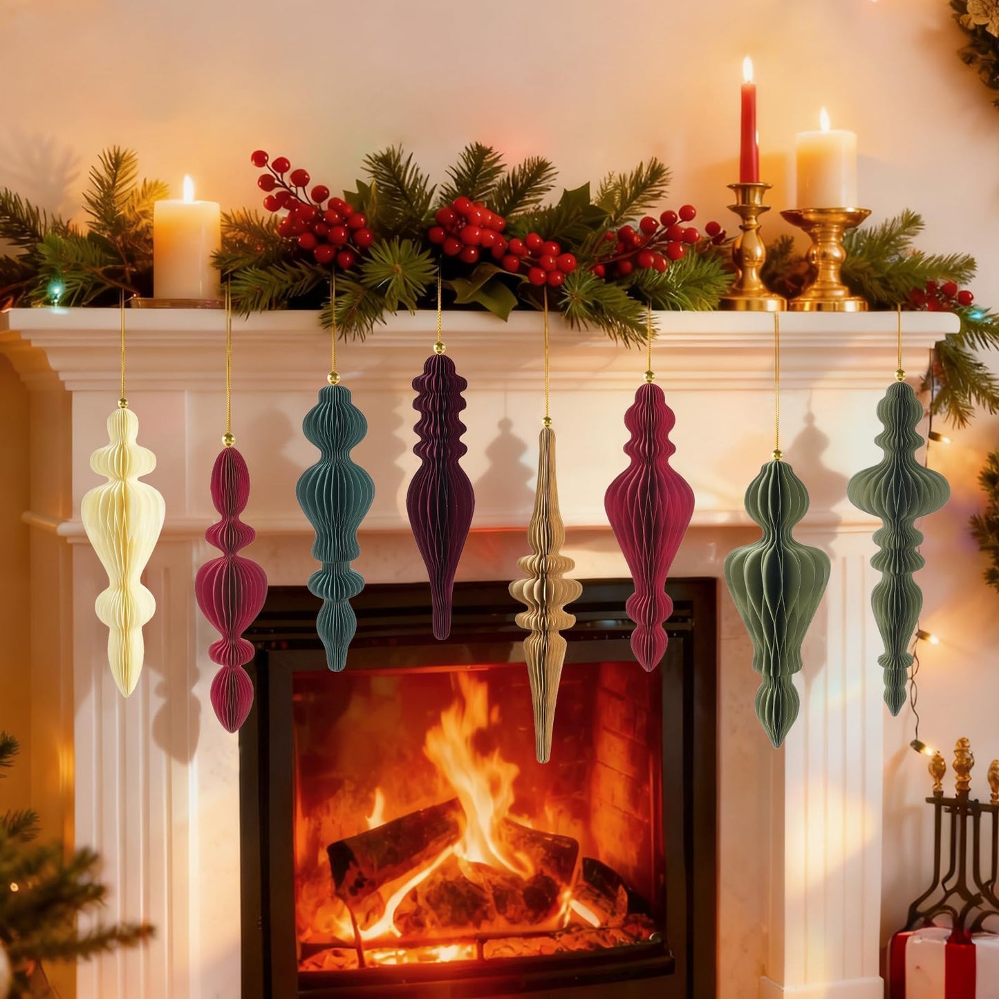 12Pcs Finial Christmas Ornaments for Tree, 3D Paper Honeycomb Hanging Decorations Neutral Boho Christmas Honeycomb Ornaments Lanterns for Xmas Tree Winter Wedding New Year Holiday Party Home Decor