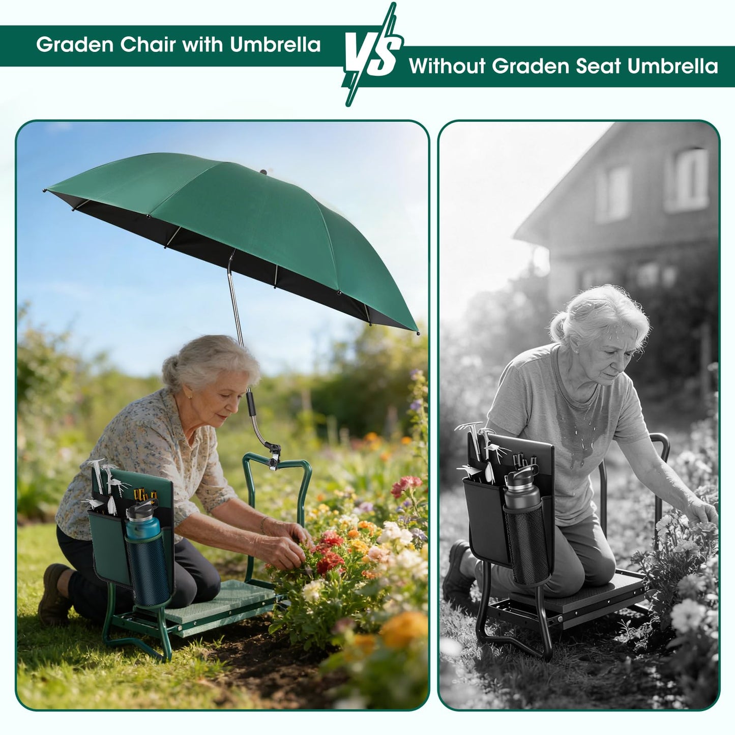 2-in-1 Garden Kneeler with Umbrella, Garden Kneeling Bench & Green Umbrella, Portable Garden Stool Loads Capacity 330lb and Garden Tools Bag with bottle holder, Gardening Gifts for Women,Men,Seniors