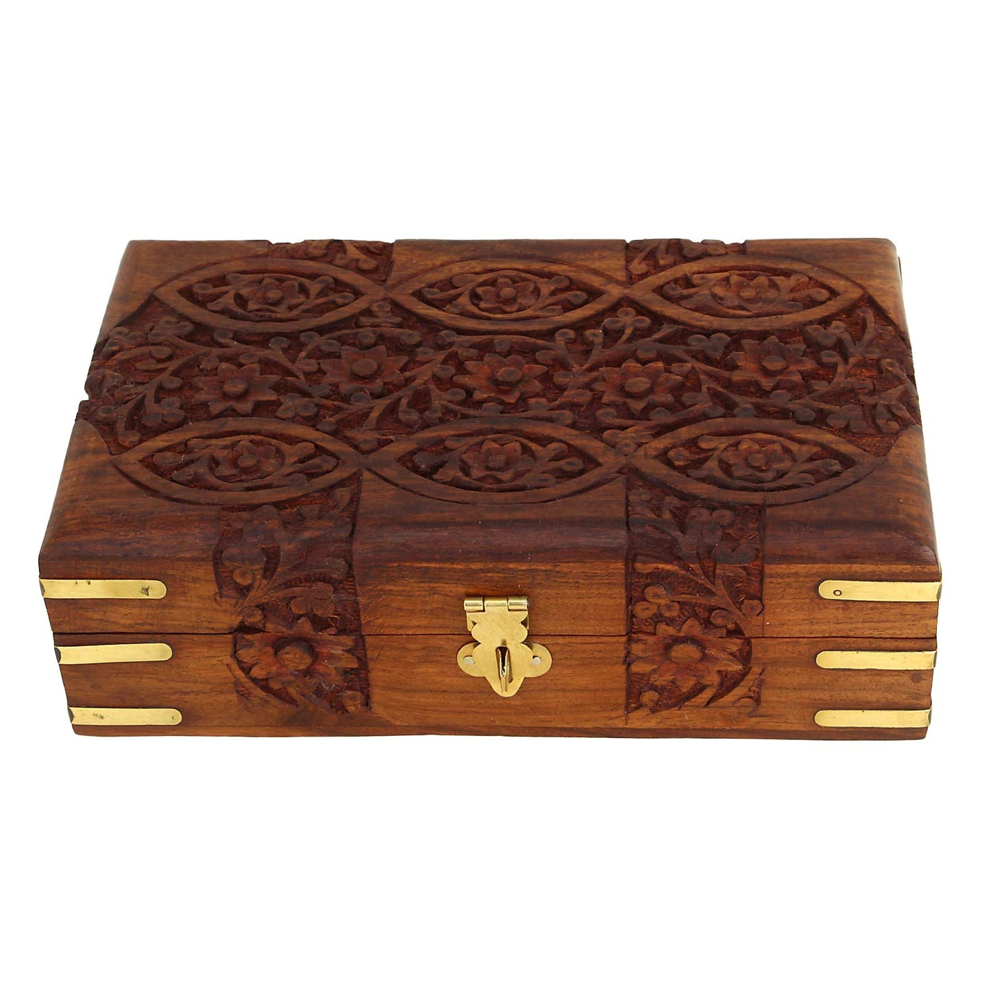 Ajuny Handcarved Treasure Chest Wooden Decorative Jewelry Storage Box Eye Floral Design Multipupose Small Memory Keepsake Box Pretty Gift Box Wood Trinket Boxes - 8X5 Inch