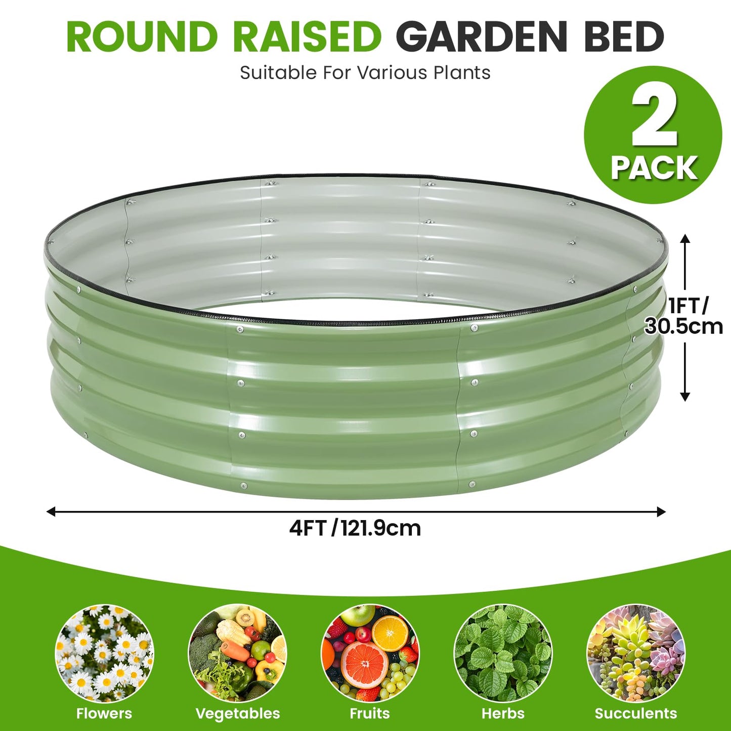 VIREO GARDEN Galvanized Raised Garden Bed Outdoor 2Pcs | 4x4x1ft Metal Raised Beds for Gardening with Safety Rubber Strip | Round Planter Box for Plants Like Vegetables Fruits Flowers, Olive Green