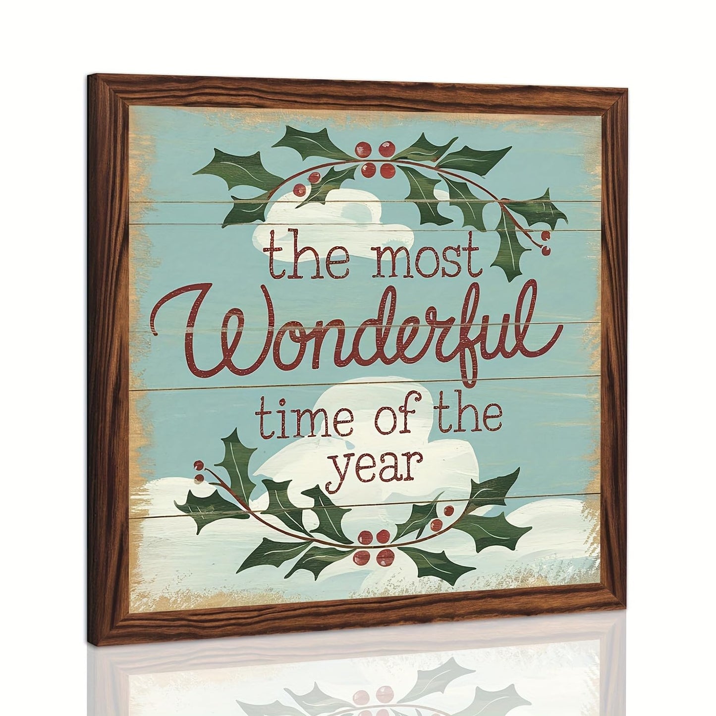 The Most Wonderful Time of the Year Wooden Framed Sign Christmas Holly Berry Decor Wall Art Inspirational Quote Rustic Decor for Home, Living Room, Winter 8x8 Inch