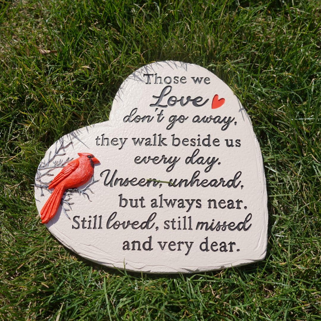 Heart Shaped Memorial Garden Stones, 10 inches Sympathy Garden Stone for Loved One, in Memory of Loved one Gifts, Resin Garden Stepping Stones Outdoor, Memorial Gifts (Heart Cardinal)