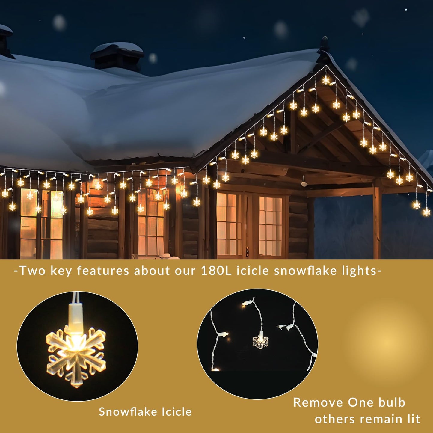 FESTIA Snowflake Curtain Icicle Christmas Lights -180 LED Warm White (≈3000K), 26.4ft Icicle Mini Lights, IP44 Waterproof,8 Modes Memory Function, Connectable Outdoor & Indoor Christmas Decorations