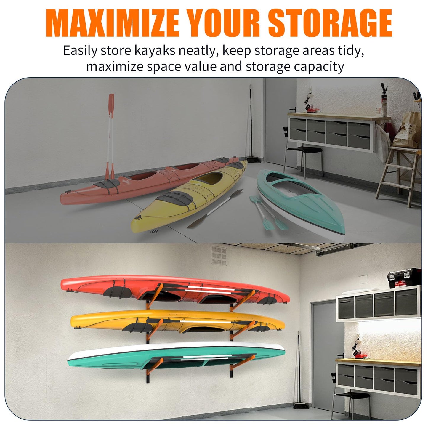UOKRR Kayak Storage Rack, Wall Mount Kayak Racks for Indoor Outdoor Storage, Heavy Duty Adjustable Kayak Rack for Garage, Spacesaver (3 Kayaks, Wall Mount)