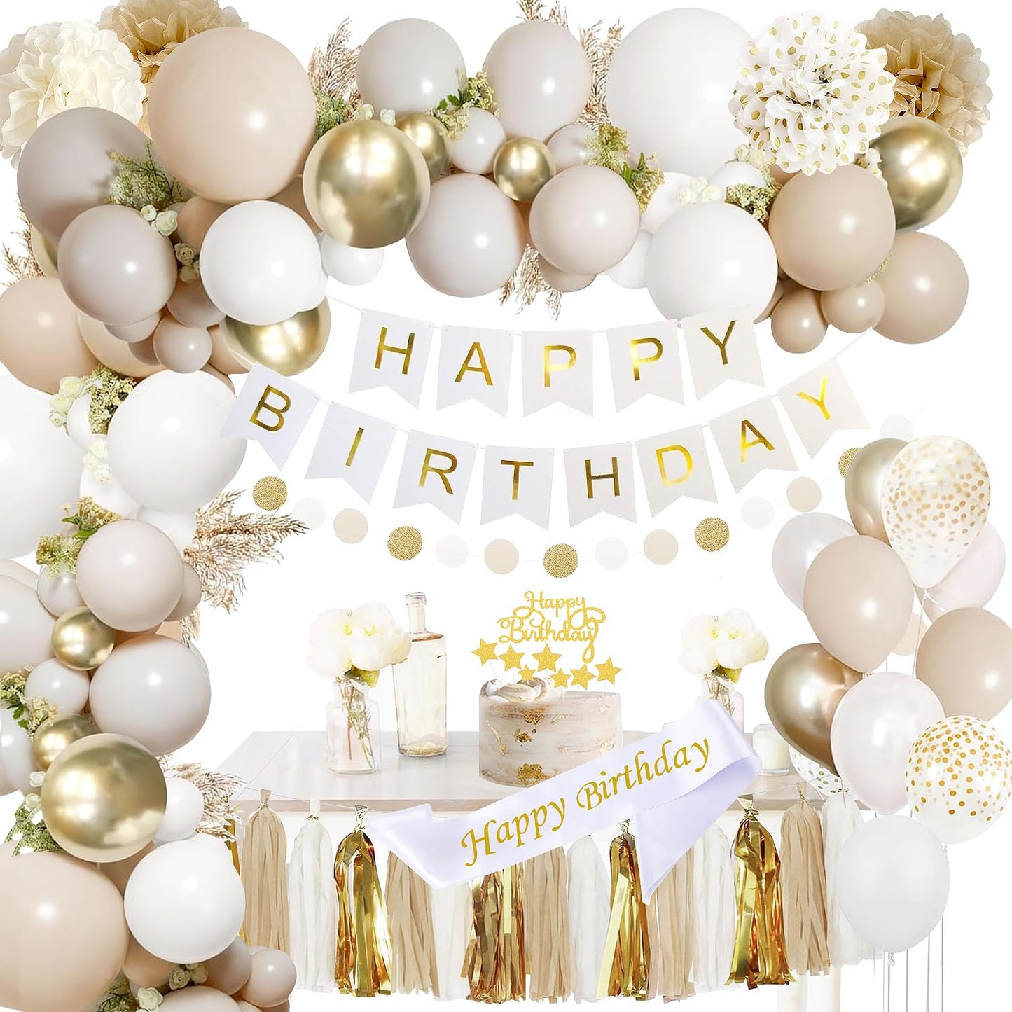 Upgraded Gold White Birthday Party Decorations for Girls Women Men with Happy Birthday Sash,Banner,Tissue Pompoms,Circle Dots Garland,Paper Tassels Garland, cake topper for Her Decor