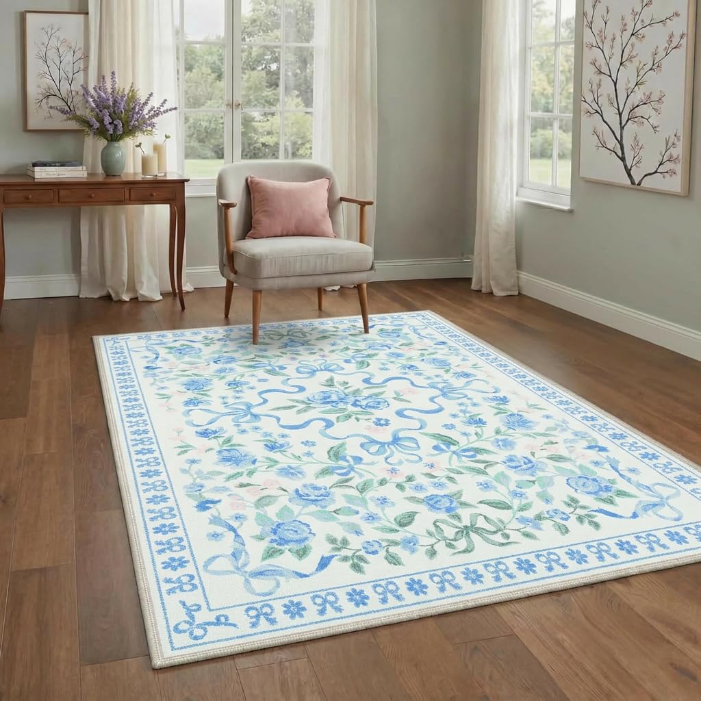 Bavni Area Rugs 5X7 for Living Room，Machine Washable Non Slip Low Pile Soft Rug，Cute Floral Carpet for Bedroom Dining Room Girls Room Nursery Room and Kids Room or Playroom, Pastel Blue
