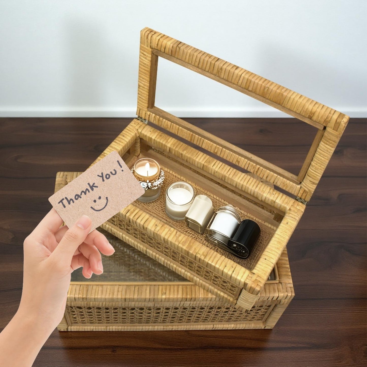 BOMINGHOME Rattan Display Box for Home Decor with Lid - Rectangular Coastal Bohemian Style Stackable Decorative Storage Box Set - Handmade from Natural Rattan, Cedar & Real Glass