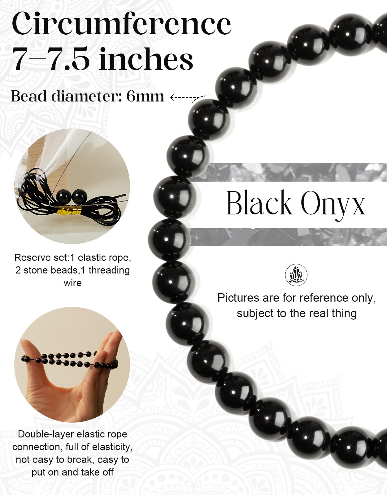 Landorilo Beaded Bracelet for Men Women, 6mm Natural Stone Black Onyx Healing Crystal Stretch Bracelets, Ideal Christmas Birthday Jewelry Gifts with Energy Card，Replacement Beads Included