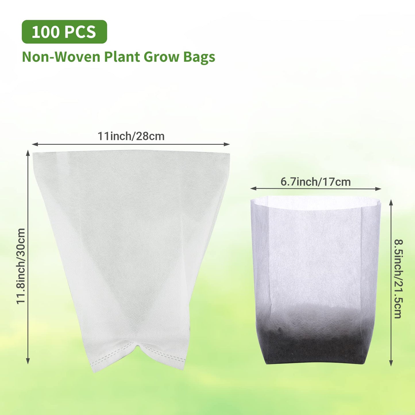 GREANER 100PCS Biodegradable Nursery Bags, 11x11.8 inches Thickened Grow Plant Bags for Vegetables, Flower Seedling Starter Containers, Indoors and Outdoors Use, Home Garden Supply