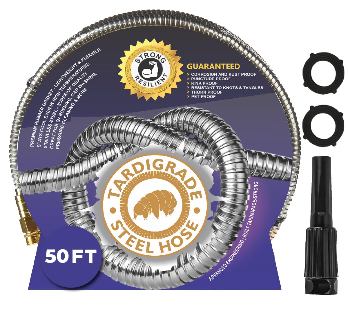 Tardigrade Metal Garden Hose 50 FT, Heavy Duty 304 Stainless Steel Water Hoses, Unmatched Durability, Flexible, No Kink & Tangle, Lightweight, Pet & Rust Proof for Outdoor Lawn Yard