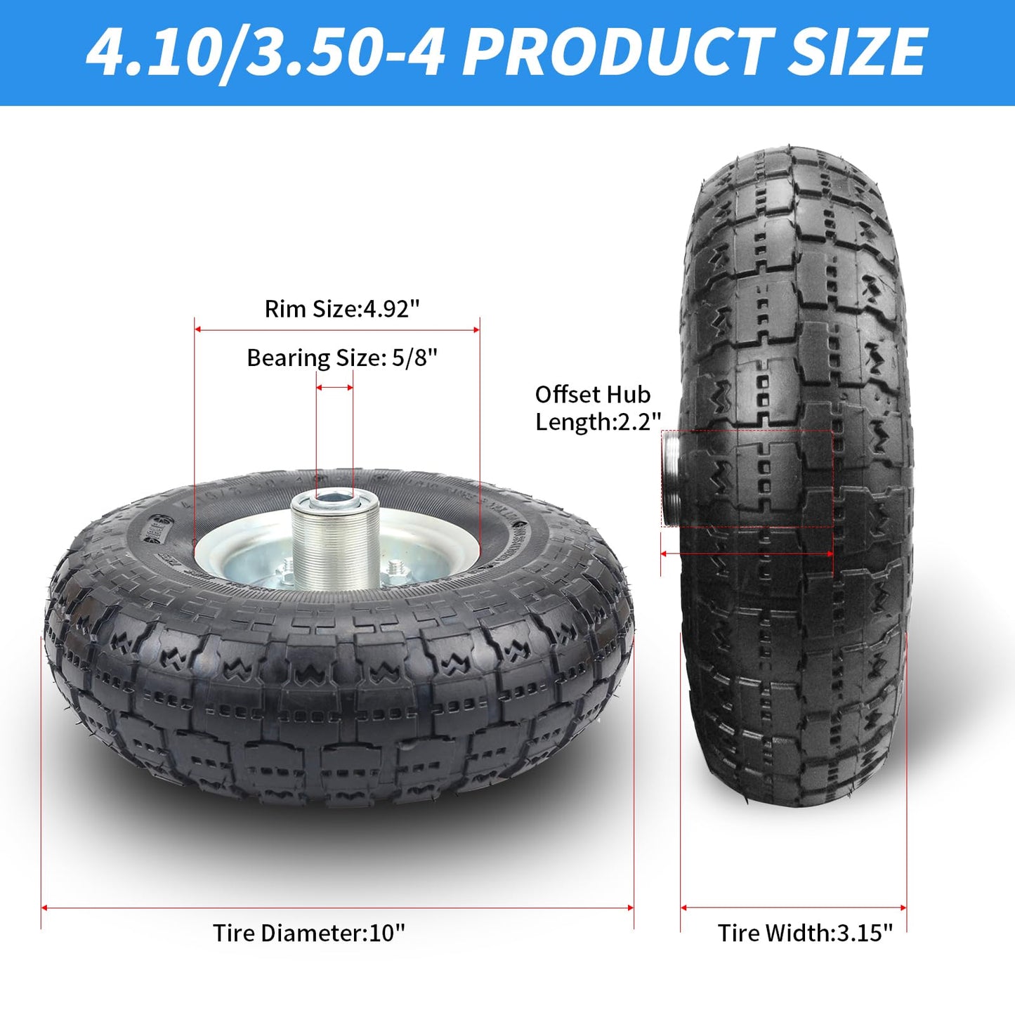 (2 Pack) RRQ 10 Inch Pneumatic Wheel 4.10/3.50-4 Tire, 10" Pneumatic Wheels with 5/8" Bearings,2.2" Offset Hub for Garden Cart, Hand Truck, Lawn Cart, Mower