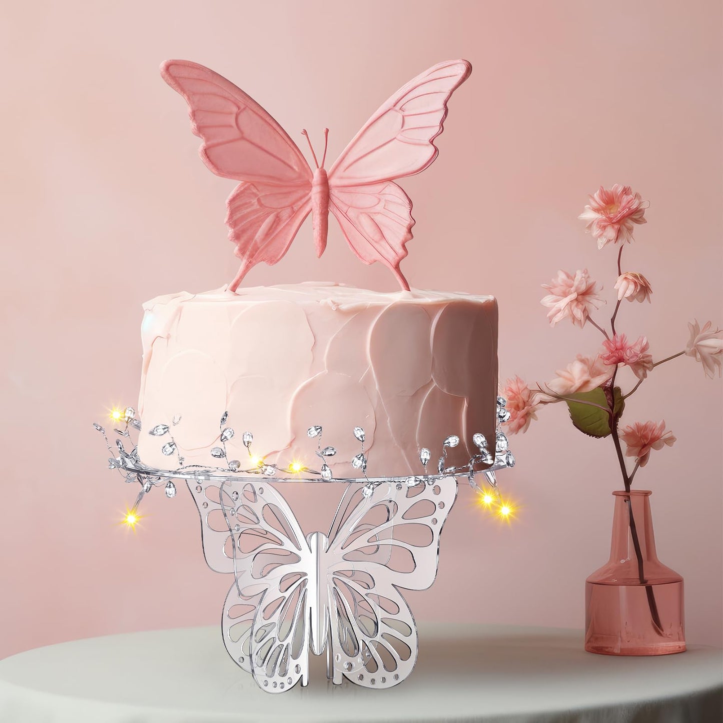 Lineshading 12 Butterfly Cake Stand Acrylic Lighted Cake Holder Acrylic Serving Platter with String Lights Water Drop Diamond String Cupcake Stand Round for Wedding Birthday Dessert Table