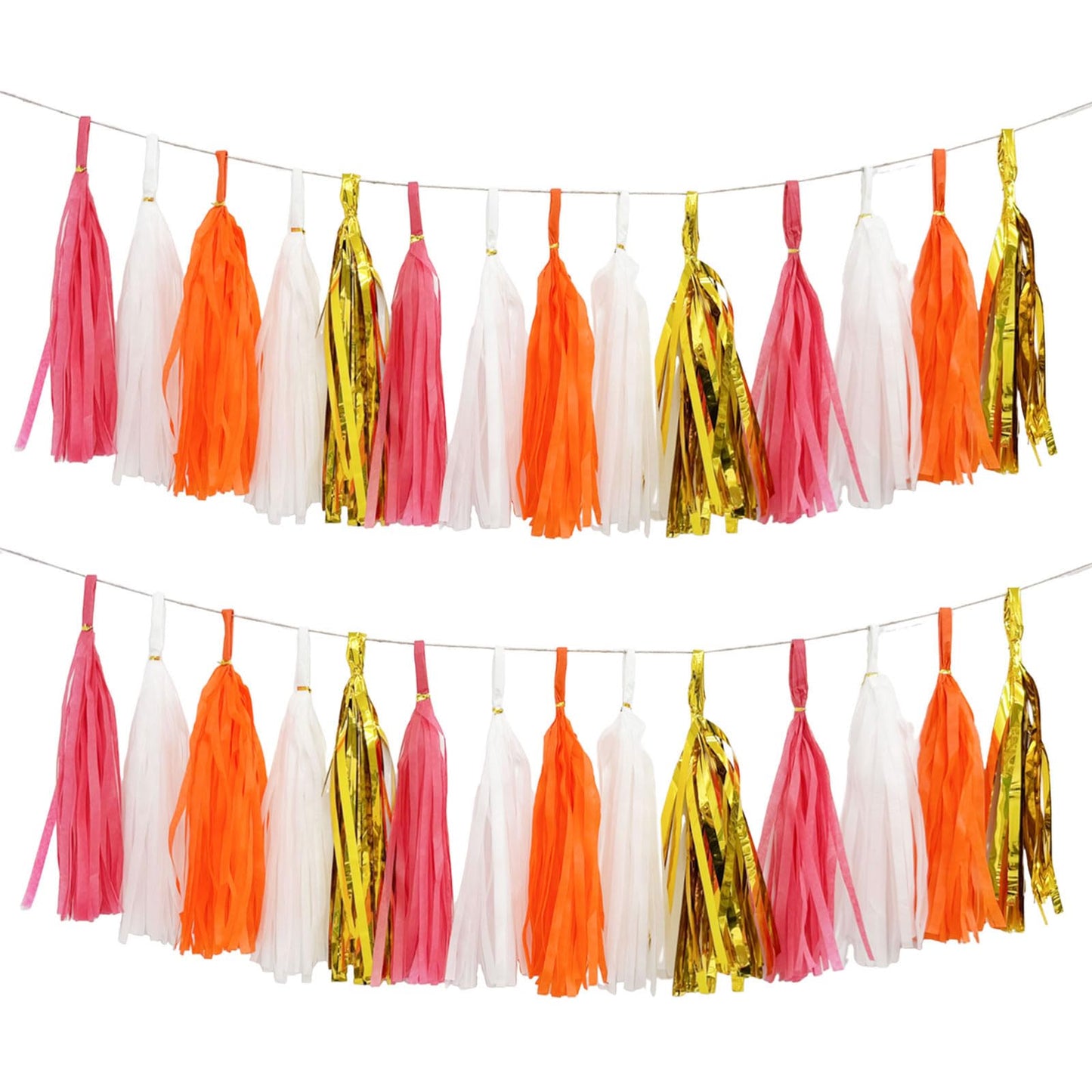 AimtoHome Shiny Tassel Garland Tissue Paper Tassel Banner,Tassels Decorations for Summer Luau Flamingo Girl,Wedding,Pumpkin Birthday Party,Bridal/Baby Shower,Pack of 20 (Hot Pink/Orange/Gold/White)