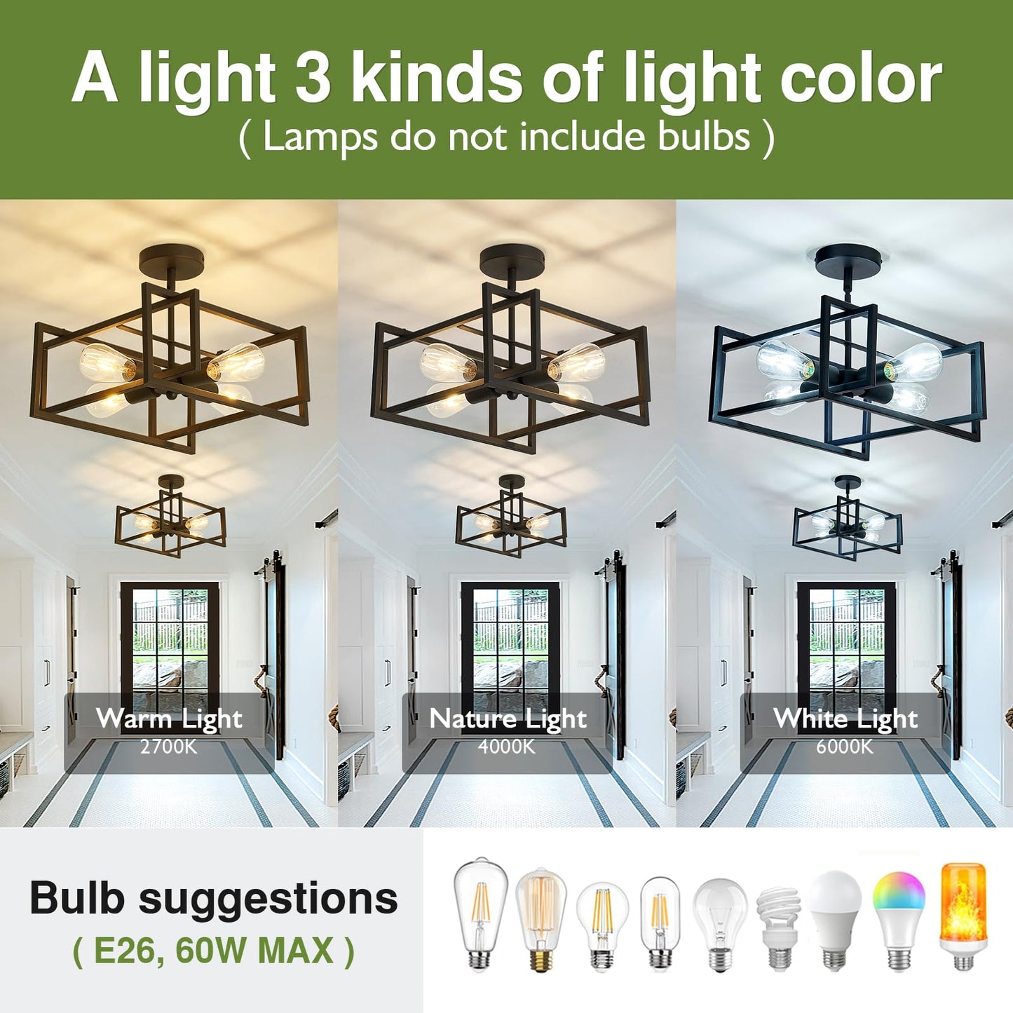 SZXYKEJI 2-Pack Close to Ceiling Light Modern Black Flush Mount Ceiling Light Fixture 18.89 Inch E26 Base Chandelier Lighting for Farmhouse Kitchen Island Dining Room Bedroom Foyer Entry