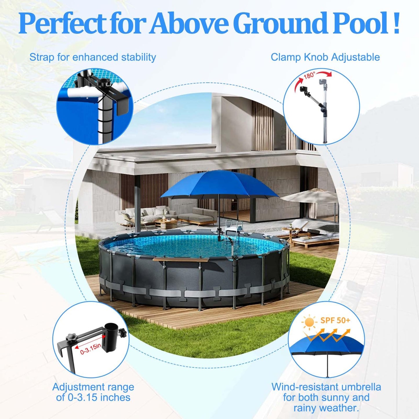 1Pack Pool Shade Umbrella, 49.2'' Large Adjustable Above Ground Pool Sunshade Canopy with Clamp 360°Swivel UPF 50+ Portable Weatherproof Patio Umbrella for Swimming Pool Outdoor Garden Beach Chairs
