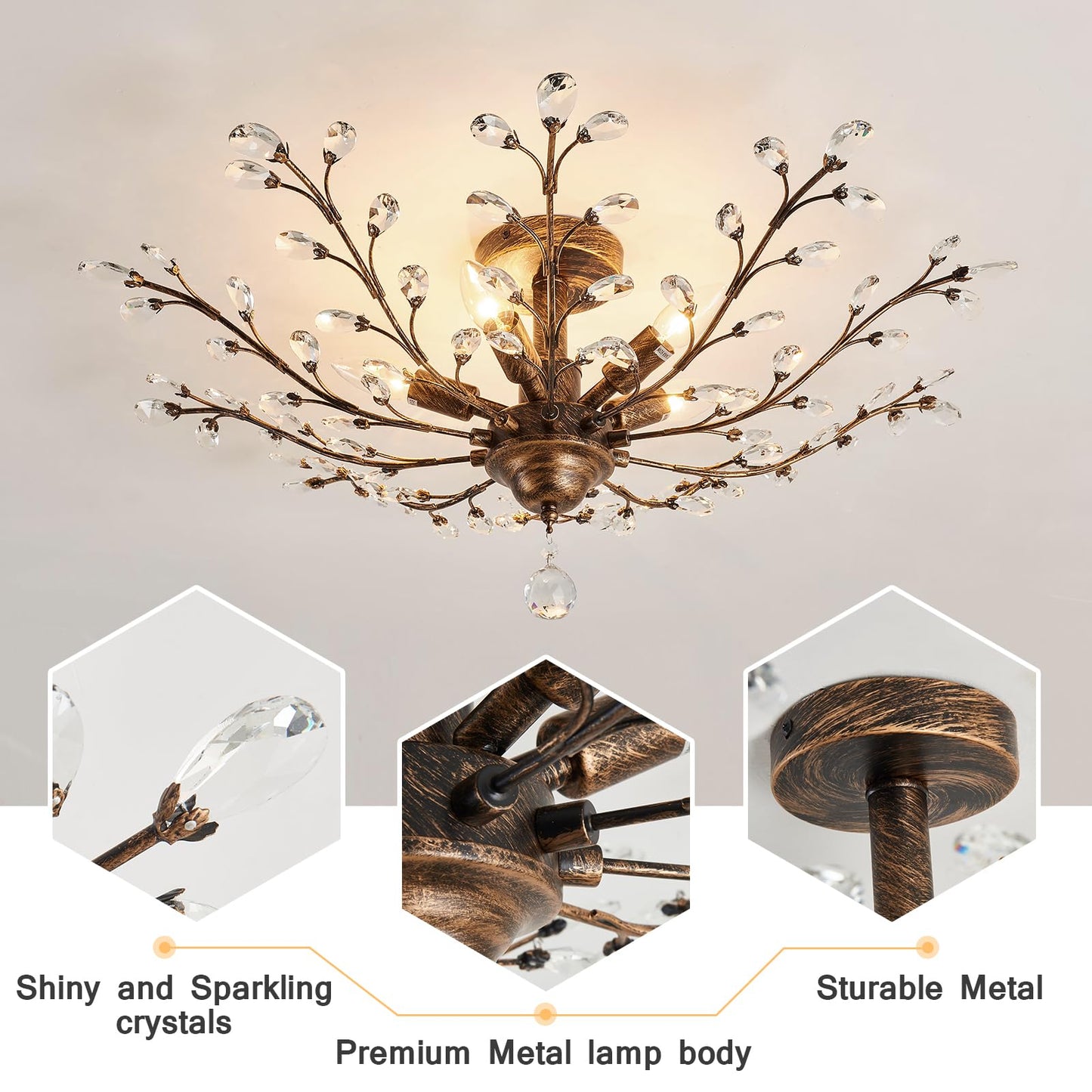 CVKASH 5 - Light Vintage Crystal Chandelier Modern Bronze Branche Ceiling Light Fixture Farmhouse for Kitchen Dining Room Living Room Bedroom Hallway Foyer