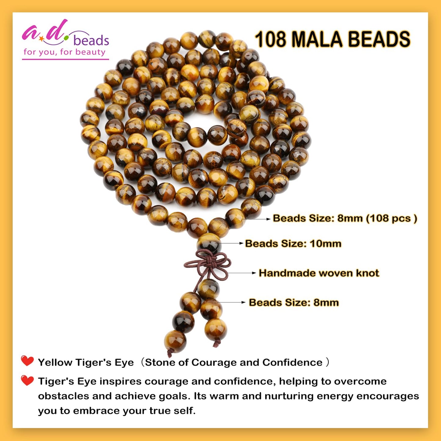 AD Beads 8mm 108 Prayer Mala Yellow Tiger's Eye Elastic Bracelet - Courage and Confidence - Handmade Yoga Meditation Healing Power Energy Gifts for Unisex Adult.