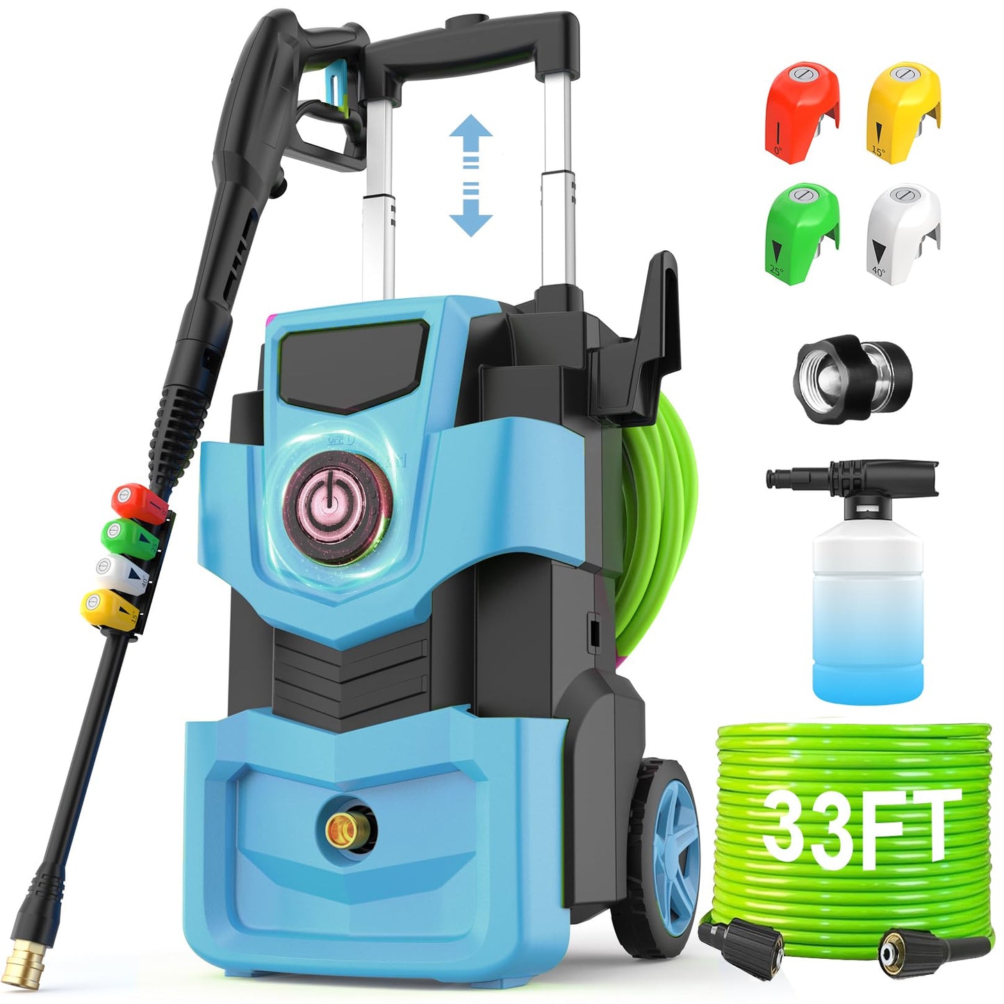 Imdot Adjustable Electric Pressure Washer 5000PSI with 33FT Flexible Extension Hose + 34FT Power Cord, 4 Nozzles, Foam Cannon, Best Power Washer for Cars, Patios, Driveways, Blue