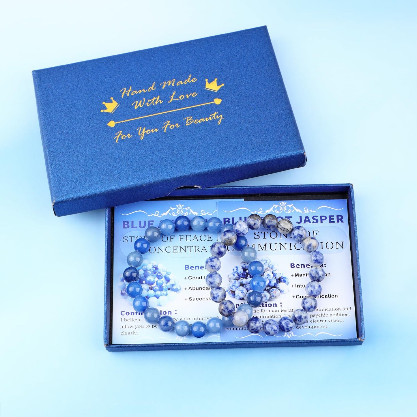 NCB 2-Piece 8mm Natural Crystal Gemstone Stretch Bracelets – ﻿Blue Aventurine, Blue Spot Handmade Reiki Energy Healing Jewelry for Meditation,Yoga, Unisex