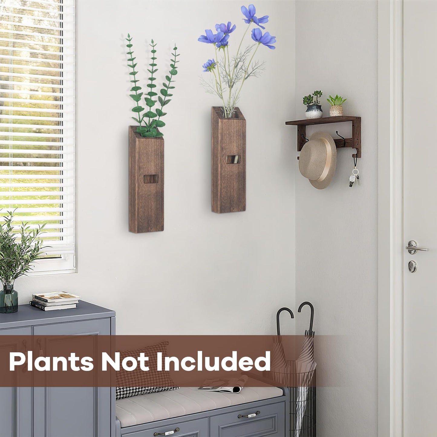 2 Pack Wood Wall Planter, Wall Decor Aesthetic for Living Room, Modern Farmhouse Entryway or Bathroom Decor, Unique Boho Vase for Holding Faux Greenery and Dried Flowers