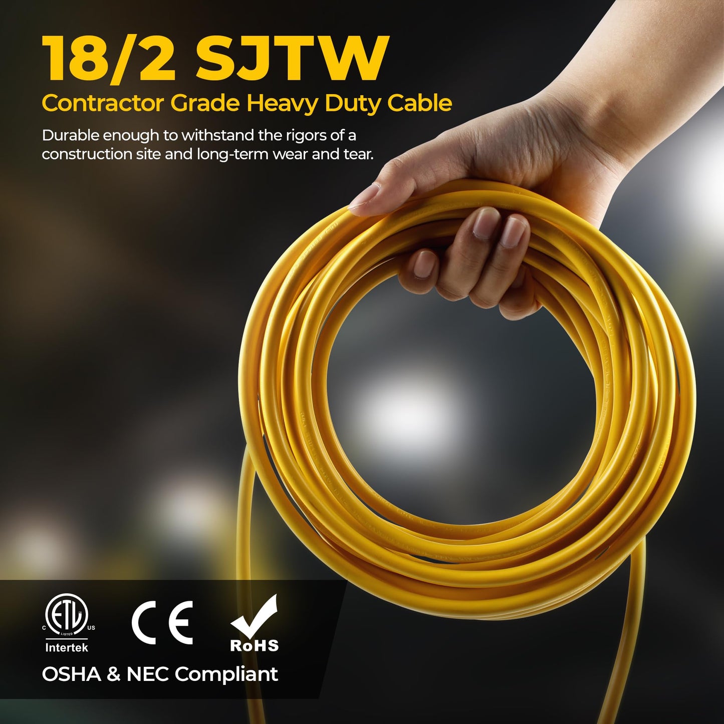 HYANGLUX 100FT Construction String Lights, 10-Light LED Work Light, 100W 11000LM, ETL Certified, 18/2 SJTW Cord, Linkable up to 8 Sets, IP65 Waterproof, for Jobsite, Attic, Garage