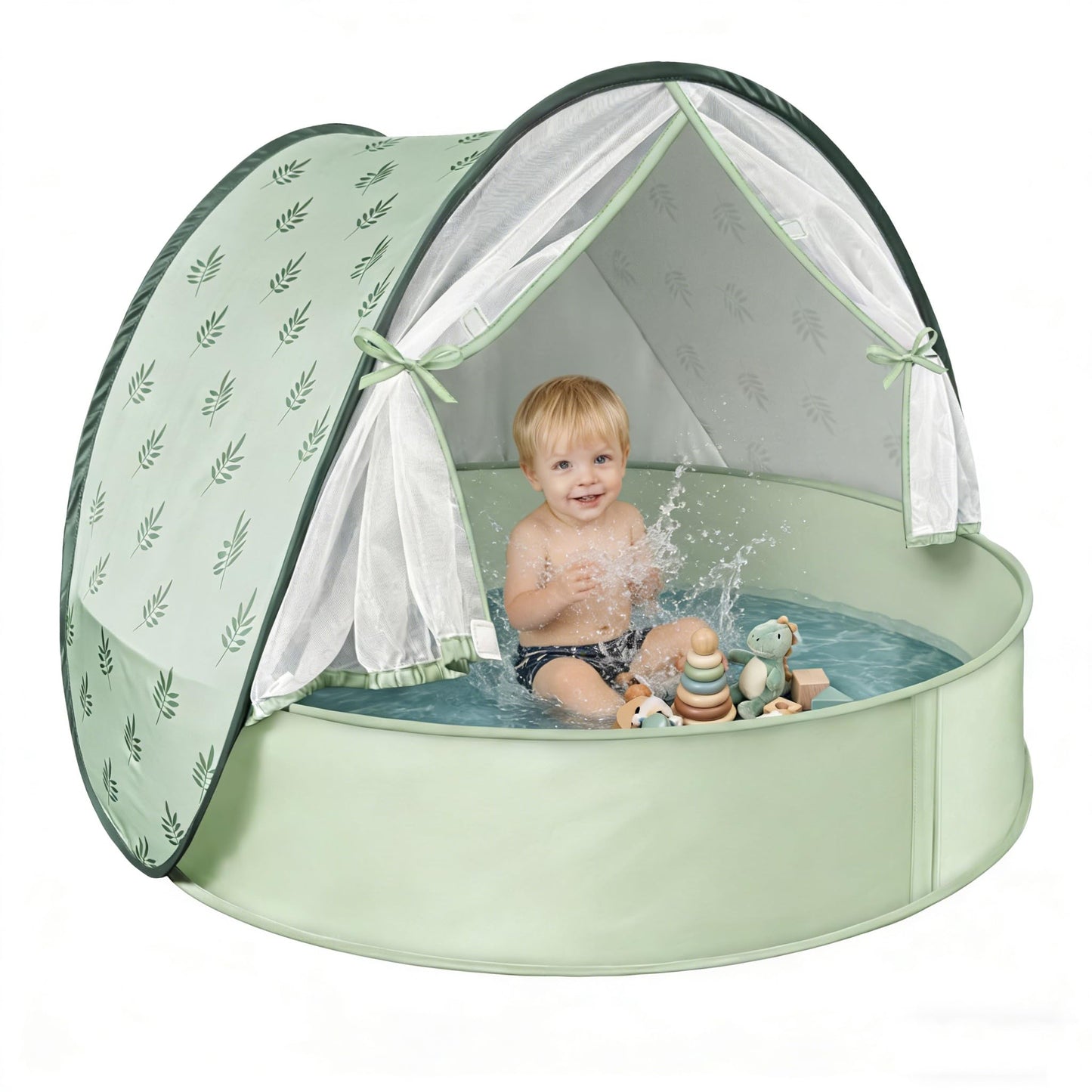 Baby Beach Tent with Pool, 3-in-1 Upgrade Pop Up UPF 50+ Sun Protection Shelter with Mosquito Net Babies Toddlers Portable Outdoor Summer Essentials for Beach, Backyard, Indoor- Green Leaves