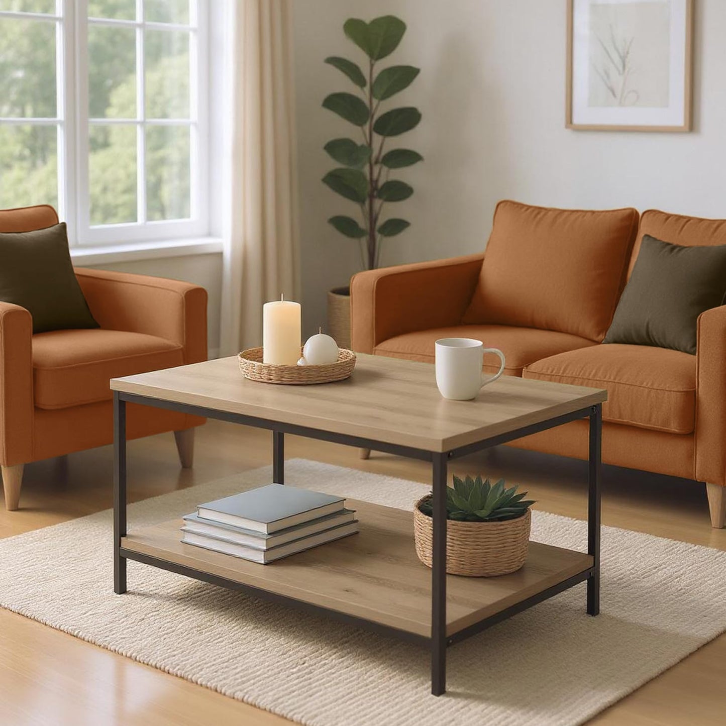 Amazon Basics Rectangular Coffee Table with Bottom Shelf, Living Room Center Table, Wooden, 19.9" D x 31.5" W x 16.5" H