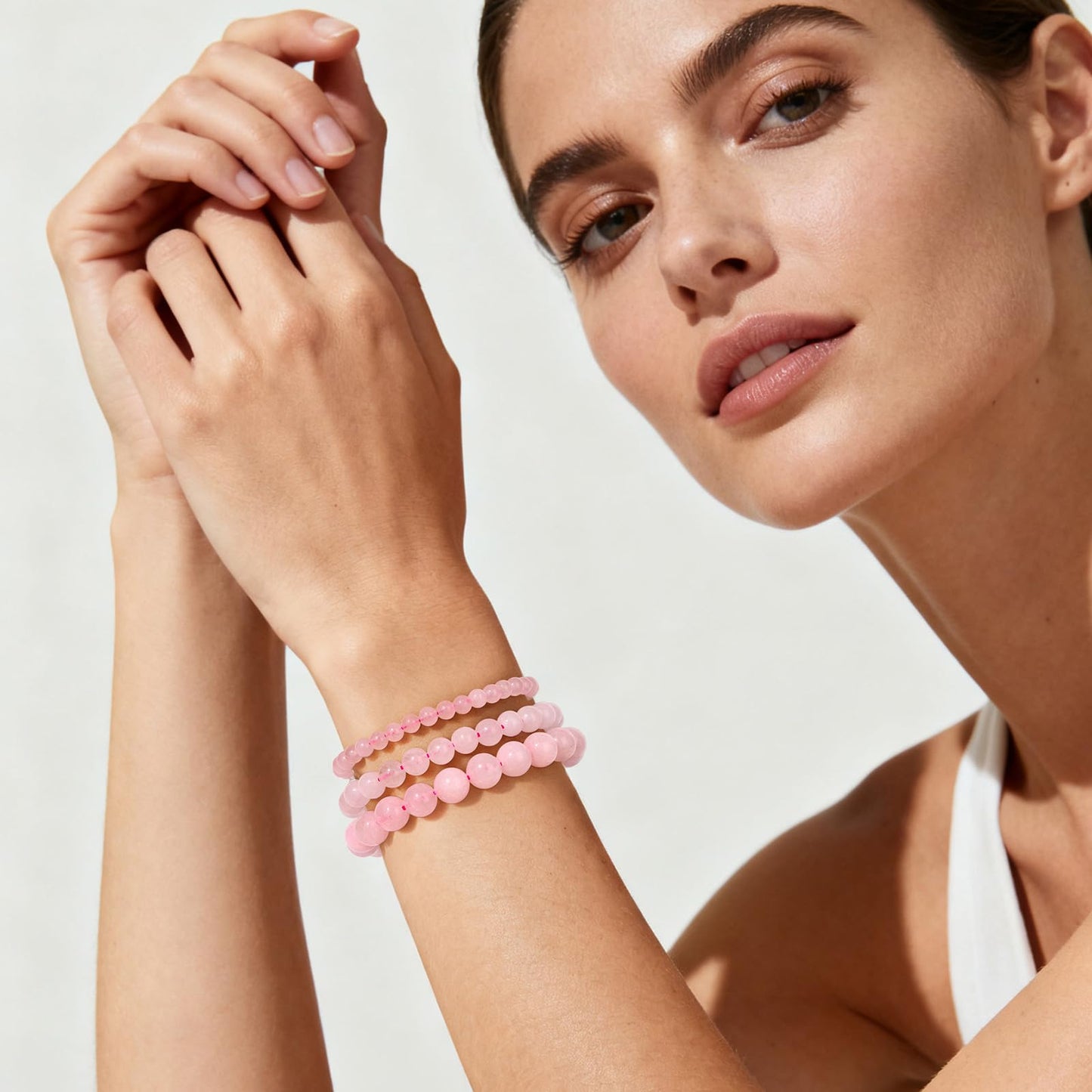 Bolinailo 3Pcs Natural Healing Crystal Bracelets for Women Men, 4mm 6mm 8mm Beaded Stretch Bracelet Set, Rose Quartz Natural Stone Gemstone Jewelry Gifts for Meditation, Reiki & Yoga