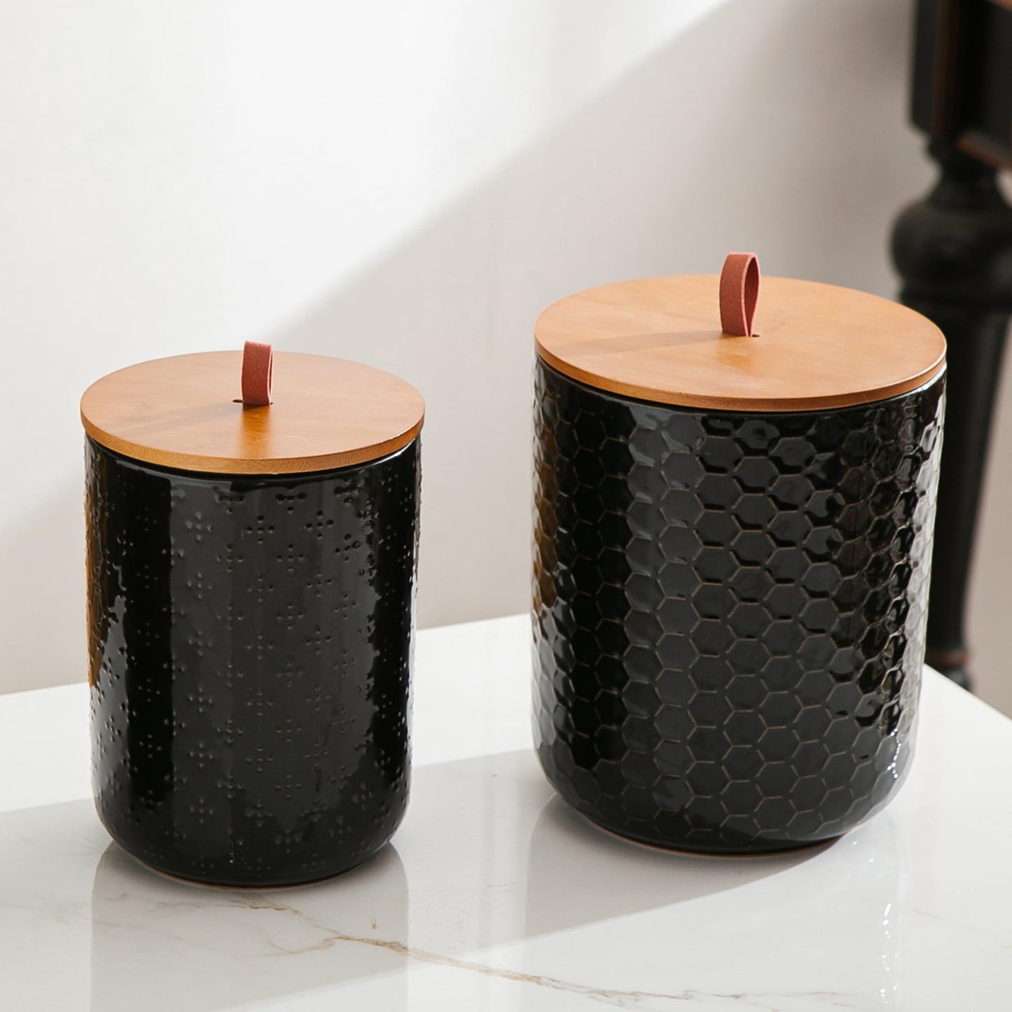 JOJUNO Black Ceramic Canister Set with Wooden Lids – 3-Piece Airtight Food Storage Jars for Kitchen, Embossed Design, Small/Medium/Large Sizes (30/48/82 oz) – Flour, Sugar, Coffee, Tea Containers