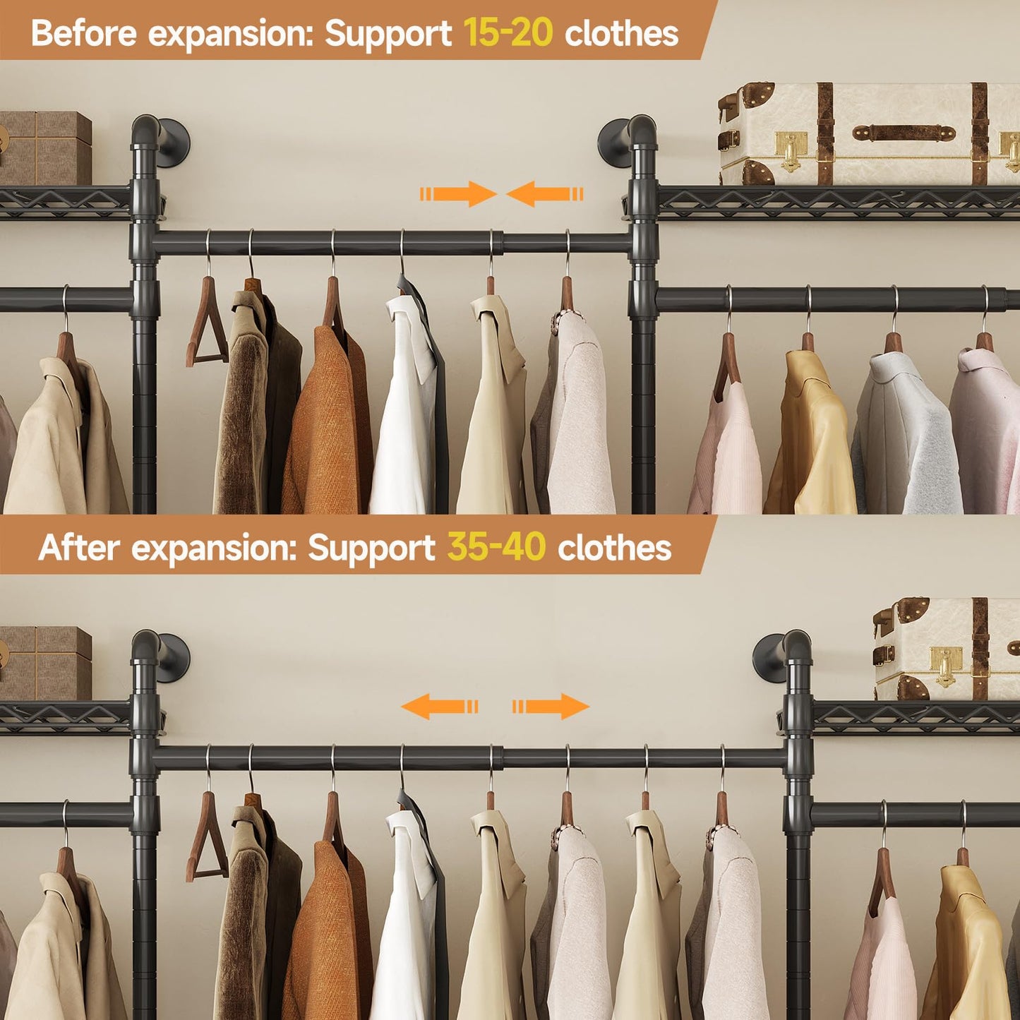 Wall Mounted Garment Rack, Walk-in Closet System with 4 Expandable Rods, 8 Adjustable Shelves, Industrial Pipe Clothing Racks, Hanging Clothes Organizers and Storage, Metal Closet Shelving Black