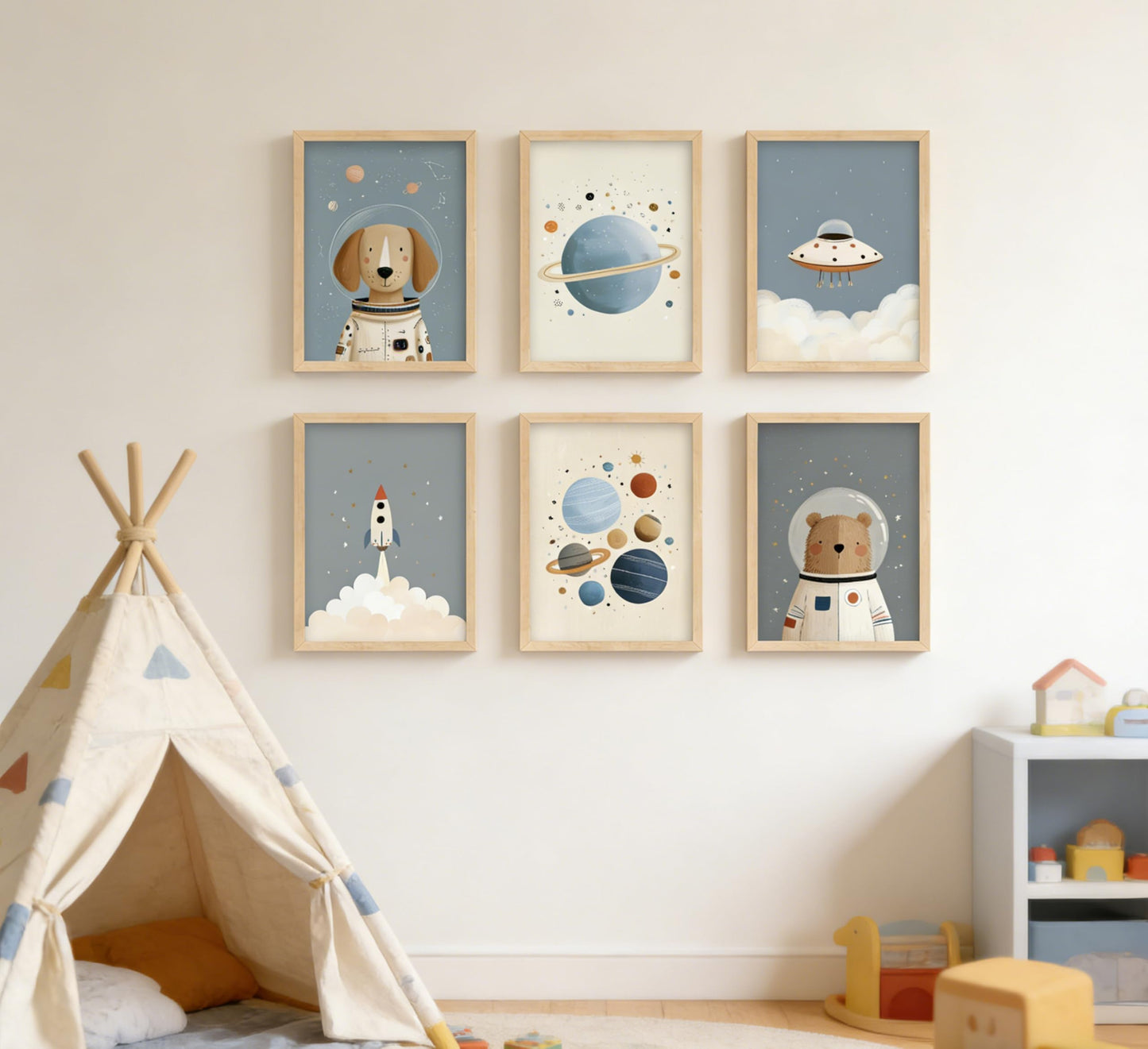 Puncland Cute Space Nursery Wall Art Funny Planet Rocketship and Astronaut Poster Cute Animals Decor Pictures Whimsical Adventure Nursery Painting Print Artwork for Nursery and Kids Bedroom Unframed