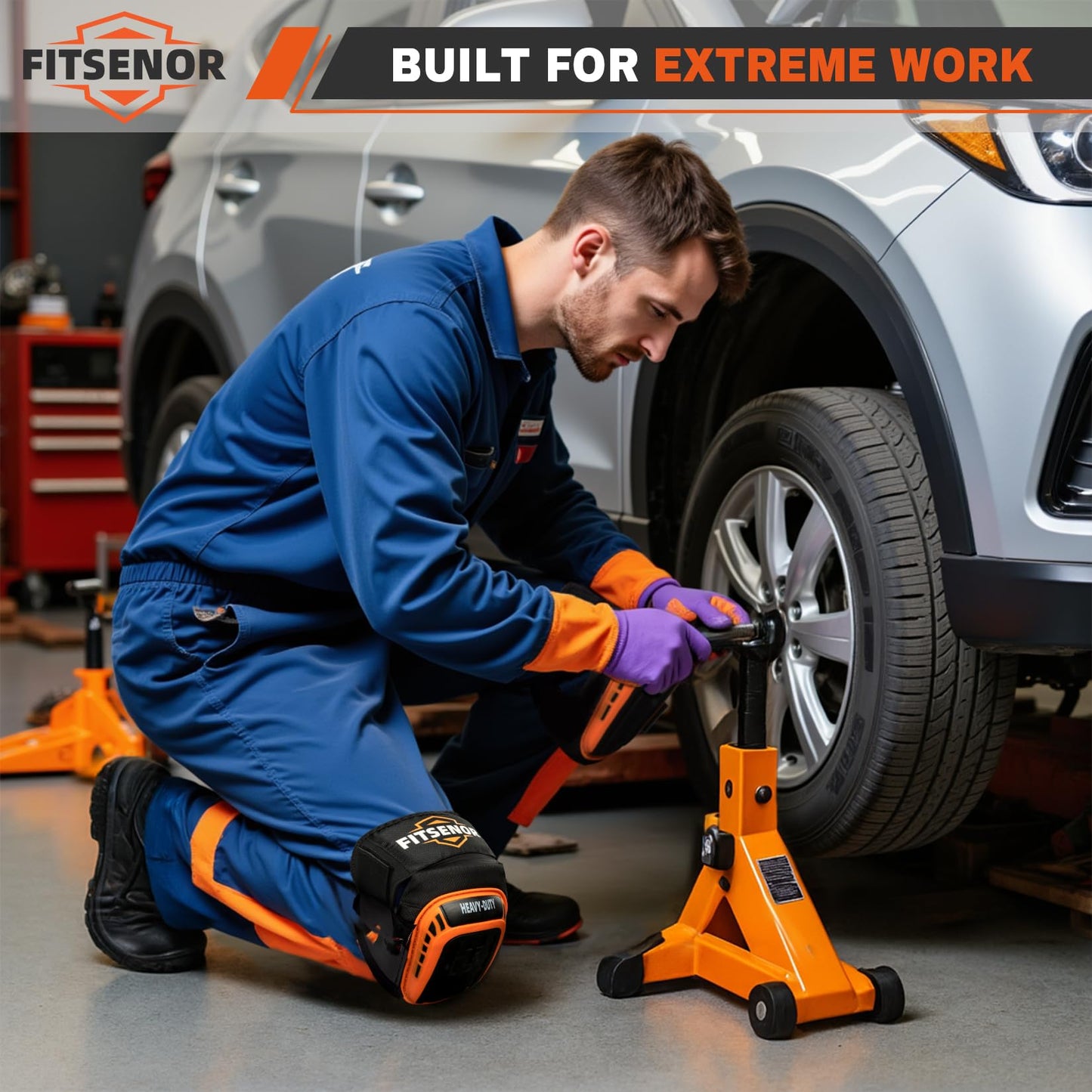 FITSENOR Knee Pads for Men Construction, Tactical Professional Knee Pads for Work, Protection, for Roofing, Gardening, Flooring, Cleaning, Construction Tools, Orange