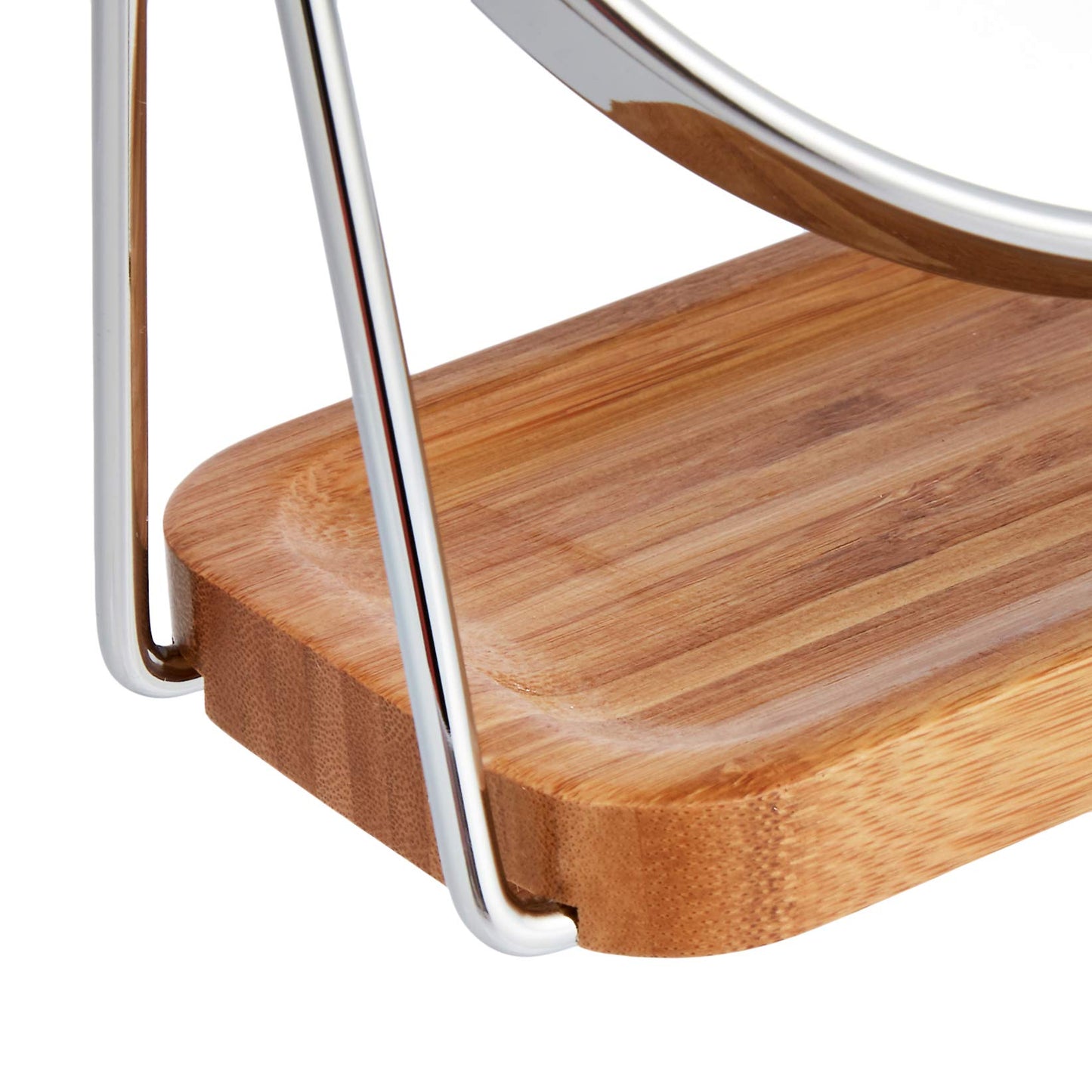Amazon Basics Vanity Round Tabletop Mirror with 360° Rotation, Double Sided 1x/5x Magnification, Chrome Finish, Squared Bamboo Tray, 7.2"L x 3.35"W