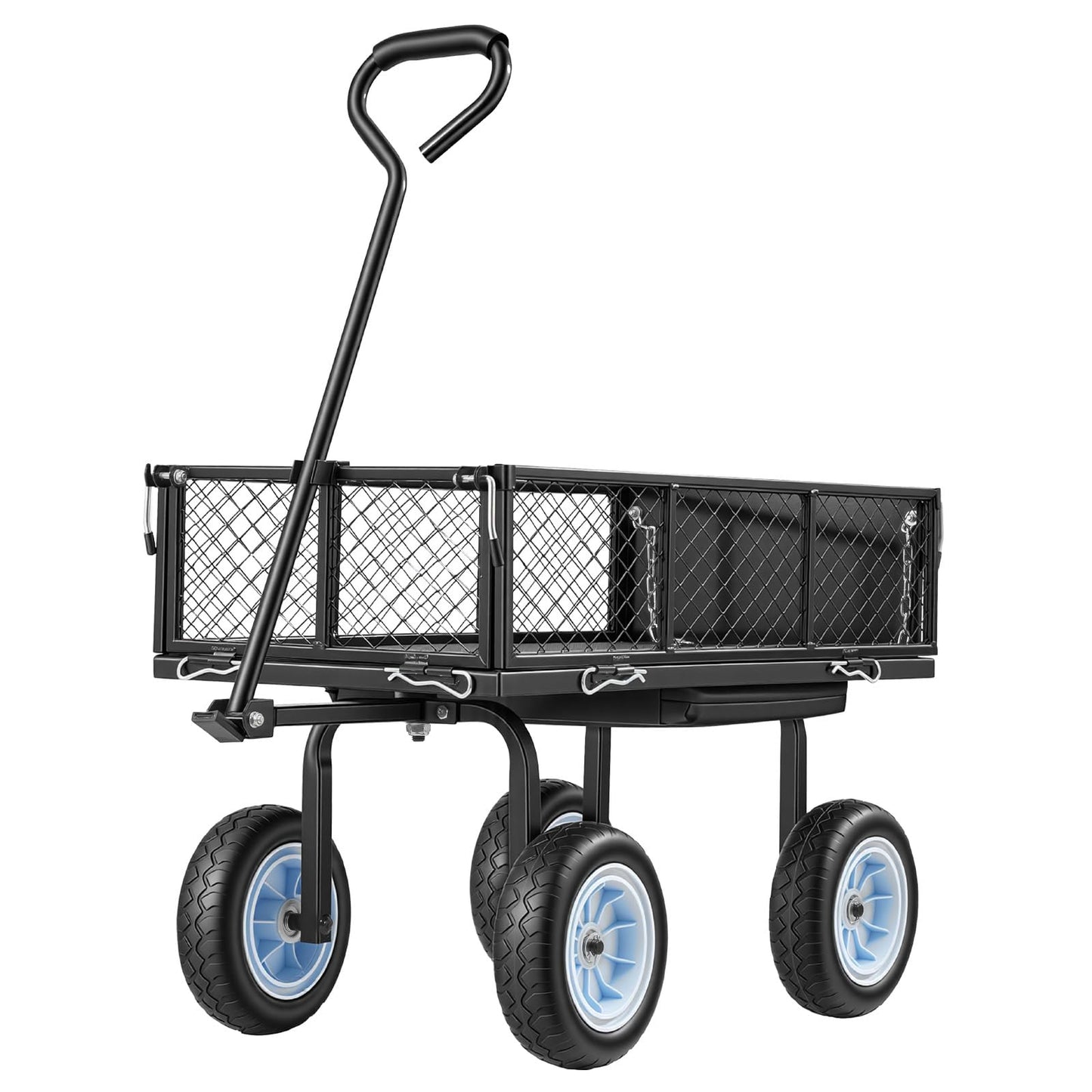 VEVOR 500 LBS Steel Garden Cart with Work Seat, Heavy Duty Garden Wagon Cart on Wheels, Outdoor Metal Utility Yard Wagon Gardening Stool with 10inch Flat Free Tires, Tool Tray & Adjustable Handle