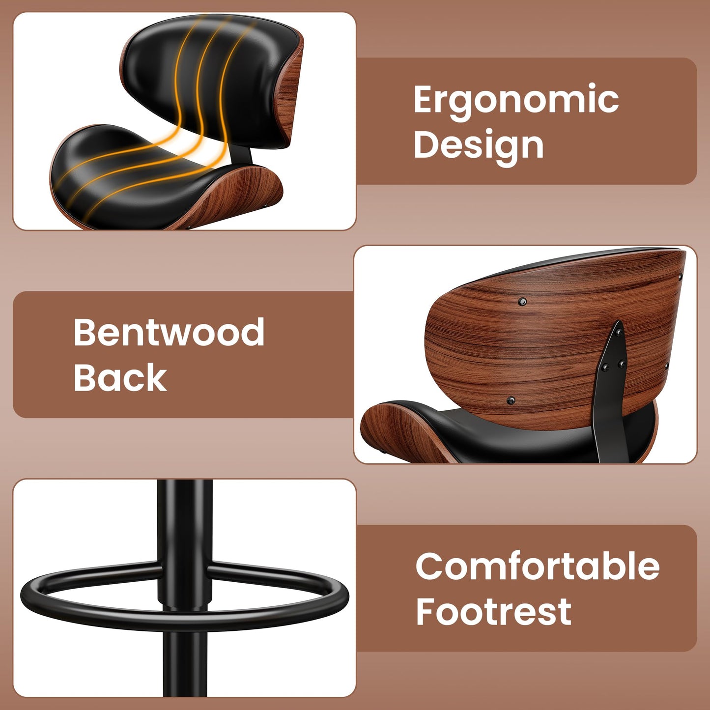 YaFiti Swivel Bar Stools Set of 2 for Kitchen Counter, Adjustable Bentwood Barstools, Modern PU Leather Upholstered Bar Chair with Back and Footrest, for Bar, Kitchen, Dining Room, Black