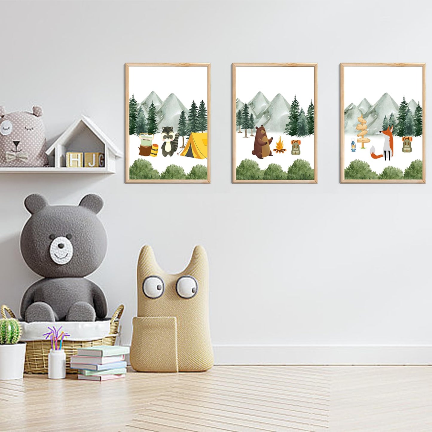 3Pcs Woodland Animal Nursery Canvas wall art Cute Bear Fox Raccoon Poster Print Safari Nursery Wall Decor Forest Animals Camping Campfire pictuer painting Boys Kids Room Home Decoration12*16In Unframed