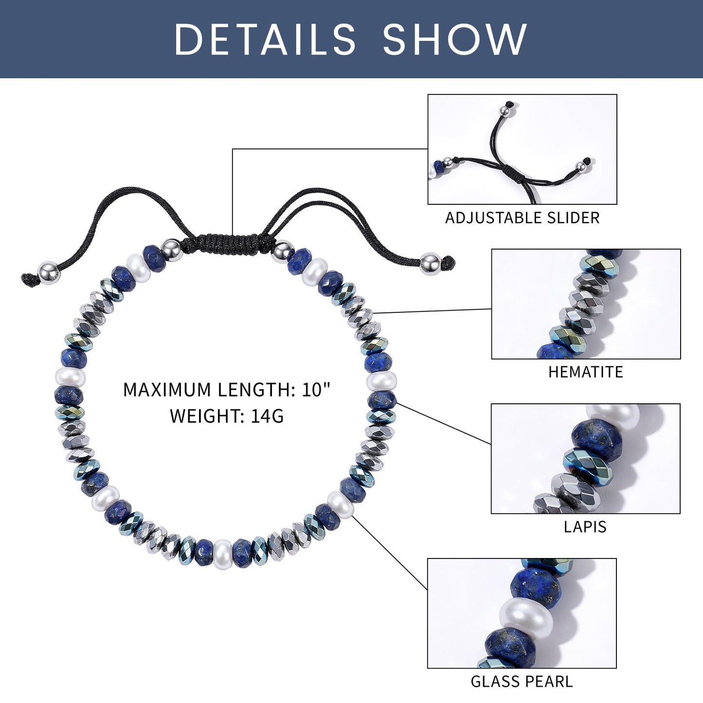 Holamonte Natural Stone Beaded Bracelets for Men, Tigereye Bead Link Bracelet, Adjustable Retractable Cord, Men's Chakra Protection Lapis Hematite Glass Pearl Bracelet, Ideal Gift (Blue)