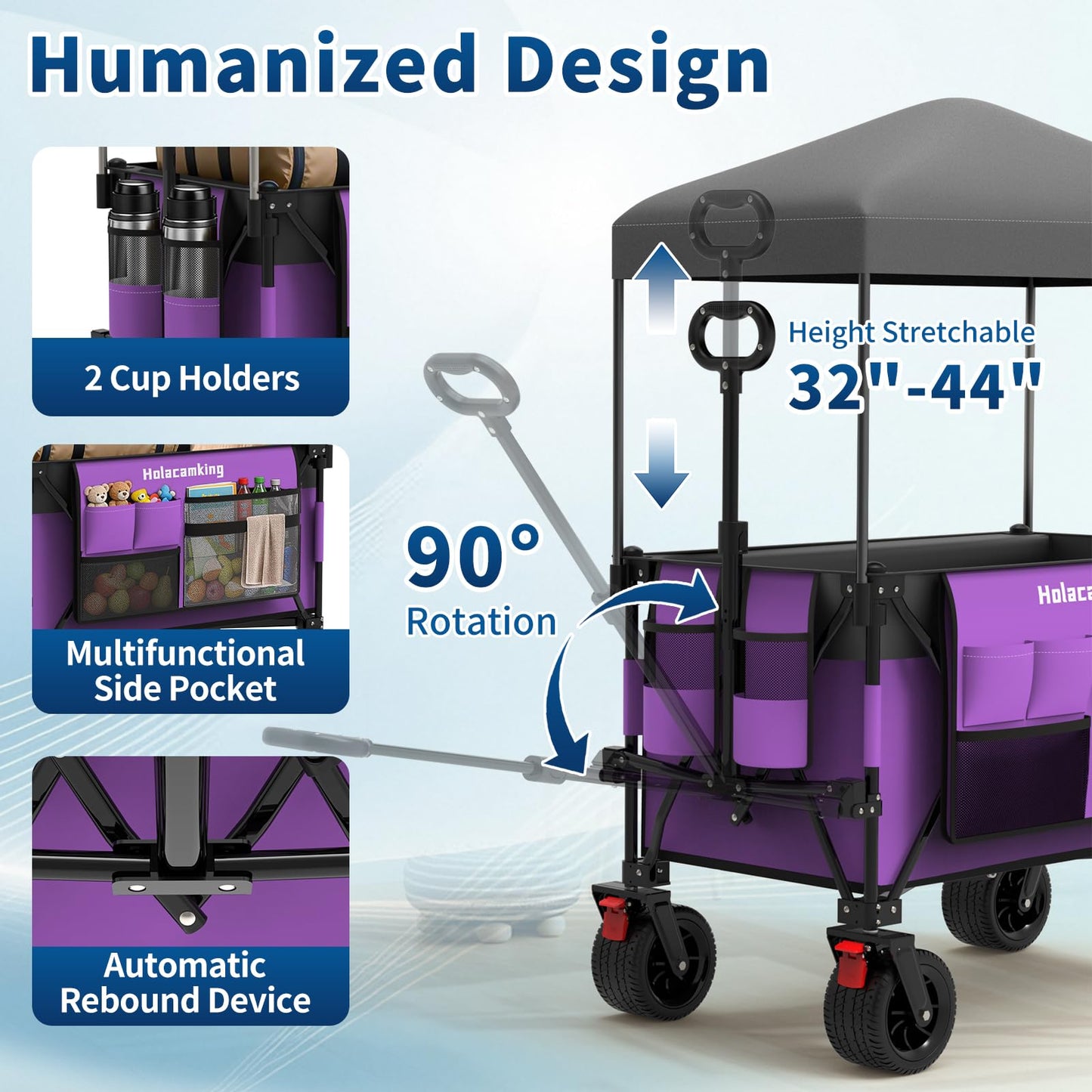Holacamking Collapsible Canopy Wagon Cart, Heavy Duty Utility Wagon with Removable Sun Cover, All-Terrain Big Wheels, Dual Brakes, Extra Large Grocery Cart for Beach Camping Sports Tailgates (Purple)