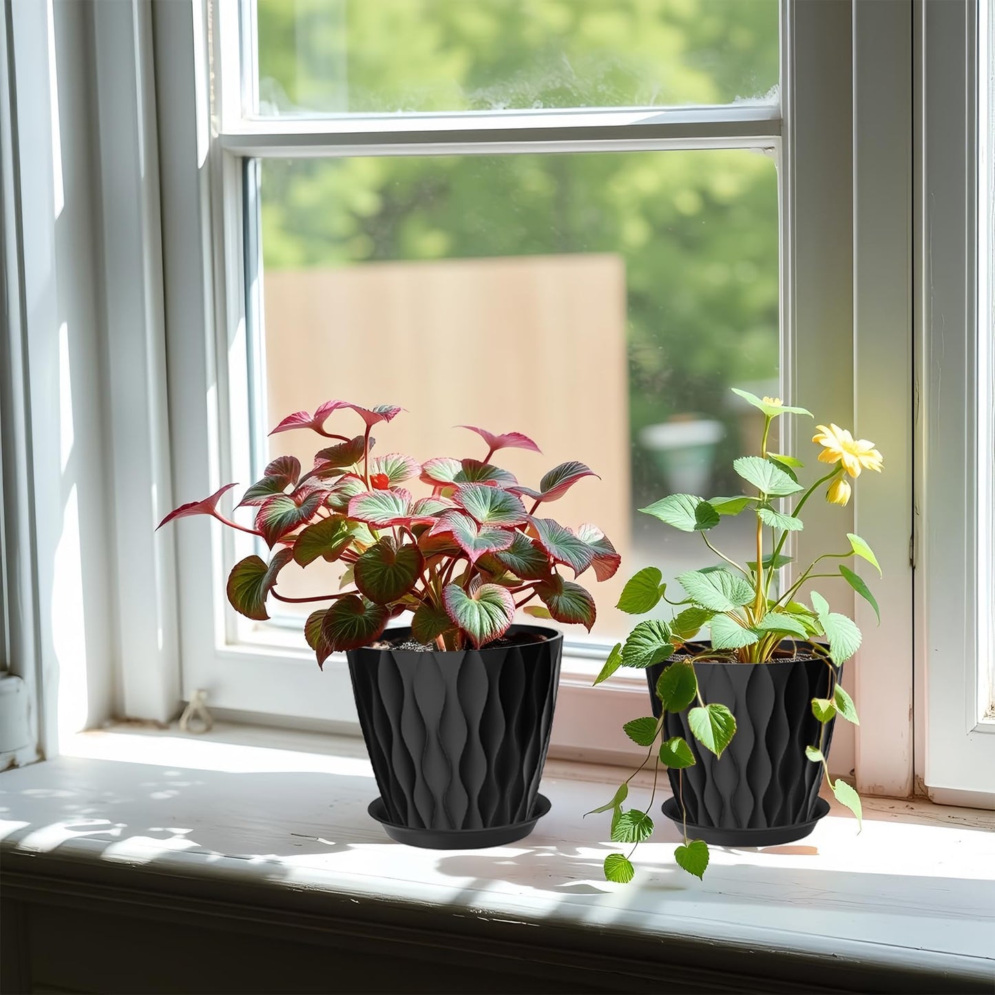 zople 6 Pack 7 Inch Plant Pots with Drainage and Saucers, Black Plastic Flower Pots for Indoor and Outdoor Plants, Stackable Nursery Planters for Houseplants and Herbs, Black