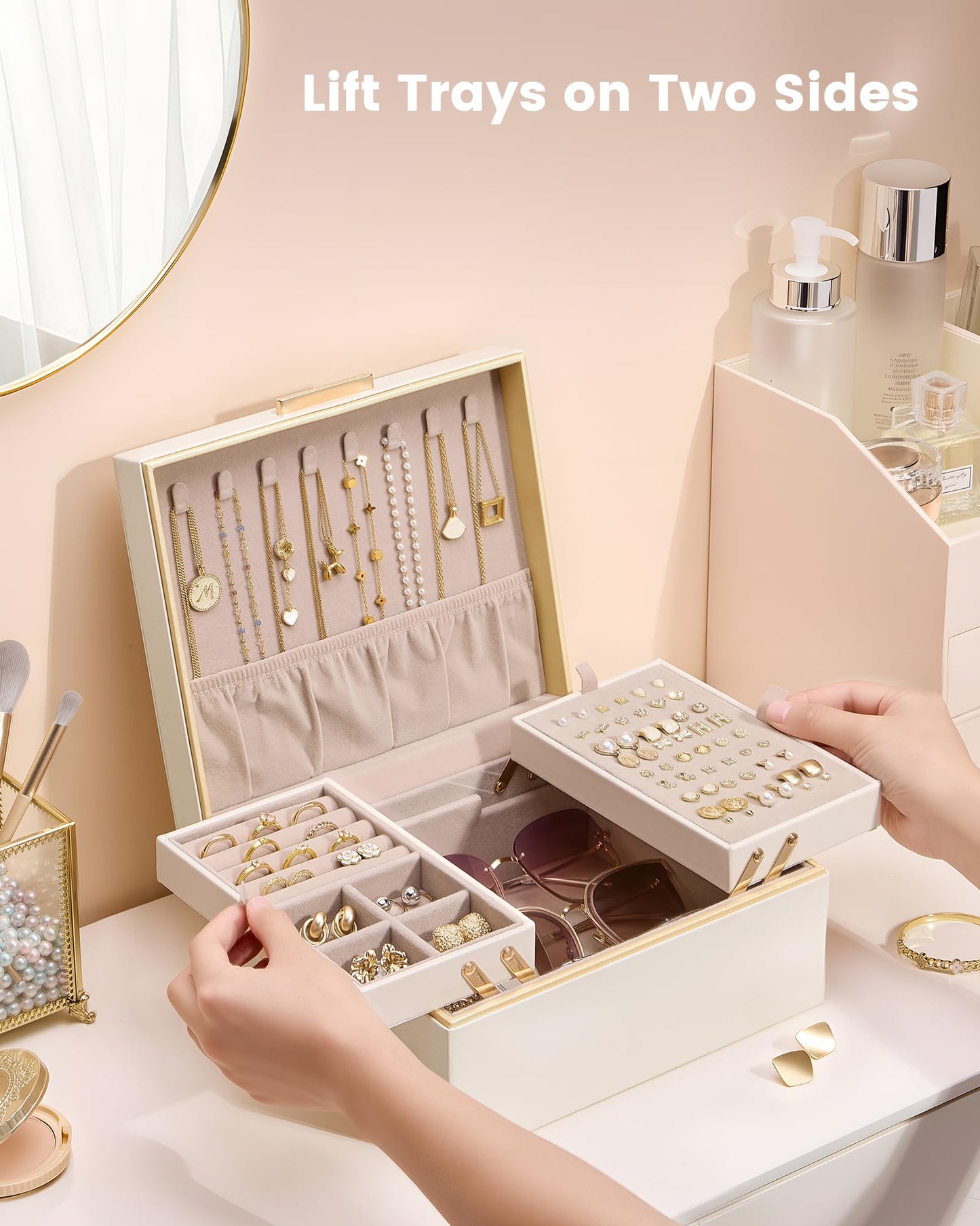 Lolalet Jewelry Box Organizer for Women Girls, 2 Layer Jewelry Organizers and Storage for Necklace Earrings Rings Bracelets, Large Jewellery Holder Case Birthday Valentine Gifts -Cream