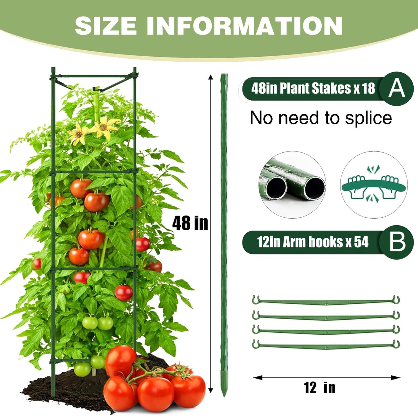 6 Pack Tomato Cage for Garden, 48 Inches Metal Garden Stakes, Plant Support Cages Trellis for Garden and Pots, Tomato Trellis for Potted Plants, Trellis for Climbing Plants Outdoor,Green