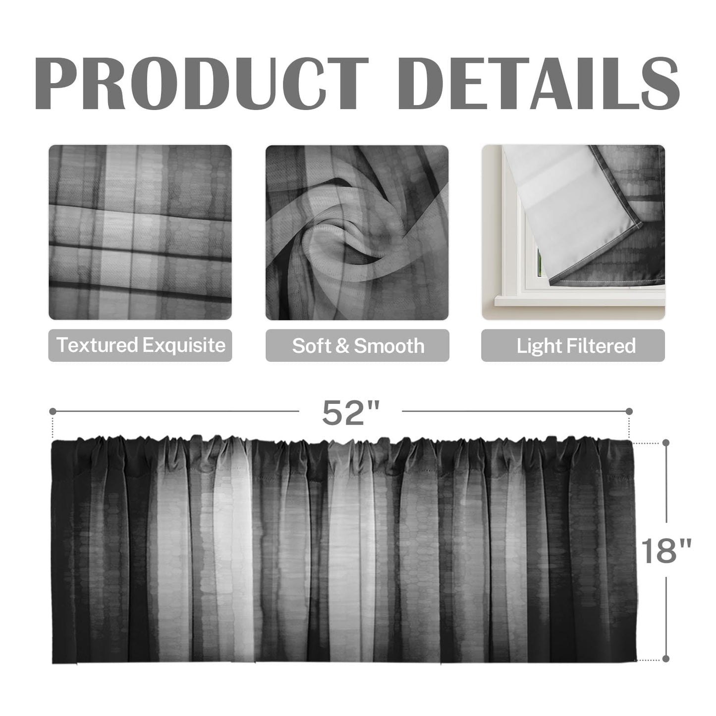 Emvency 2 Pack Dark Grey Valances Window Treatments, Gray Striped Abstract Blackout Drapes Adjustable Curtain for Windows Living Room Kitchen Over Sink, 52x18 Inch Rod Pocket Valances