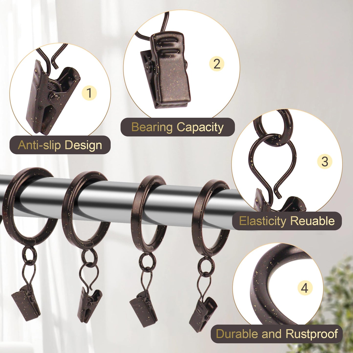 XHLTTBD 38 Pack 1.25 Inch Half-Round Coffee Gold Curtain Clip Rings - Heavy Duty Iron, Quiet Glide, Rustproof, Fits 1.0-1.2 Inches (Curtain Rod Required, Non-Drill)