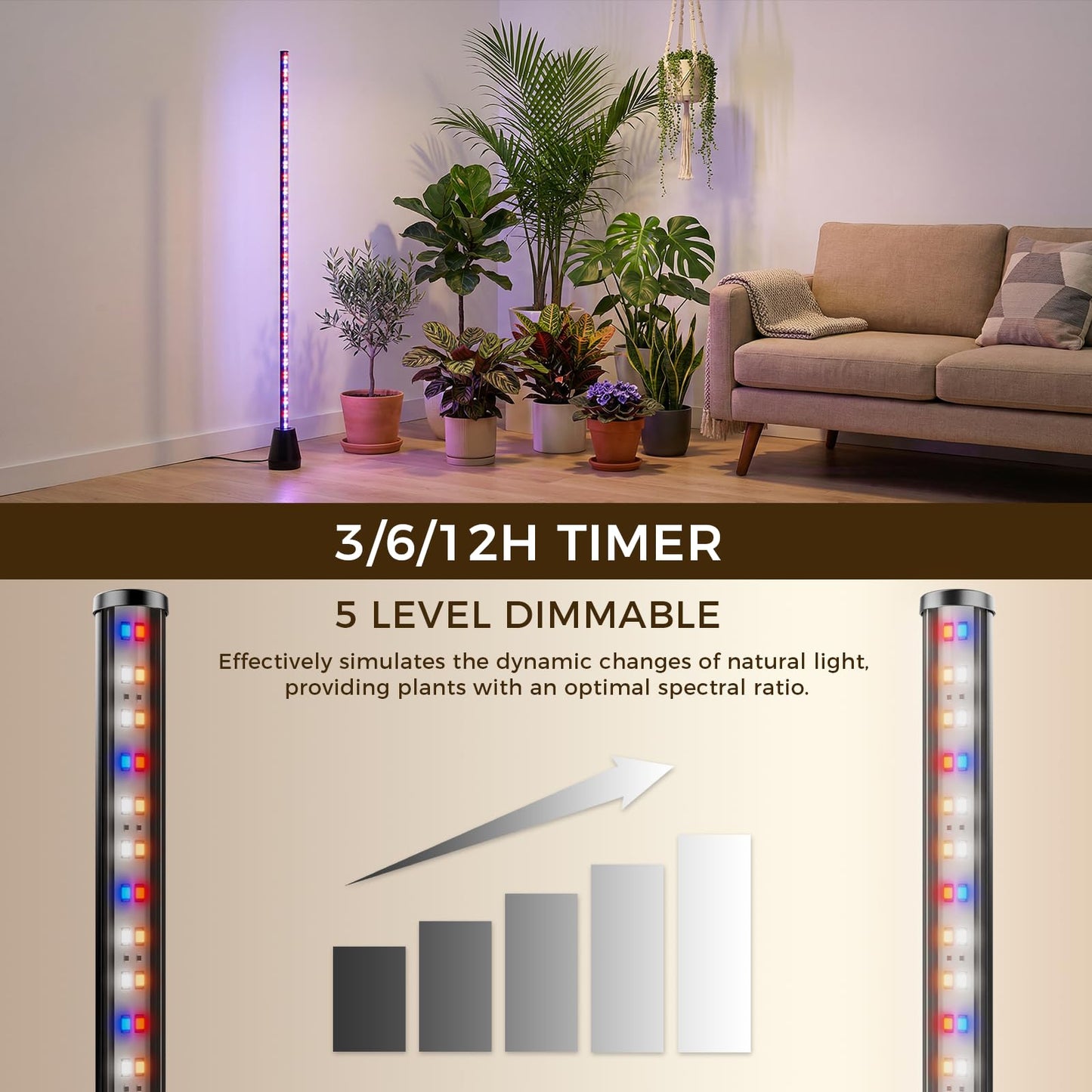 CCACC 60 Inch Grow Lights for Indoor Plants, 24W 192 LED Full Spectrum Grow Light with 3/6/12H Timer, 3 Modes 5 Dimmable Standing Vertical Plant Light for Tall Plants/Flowering
