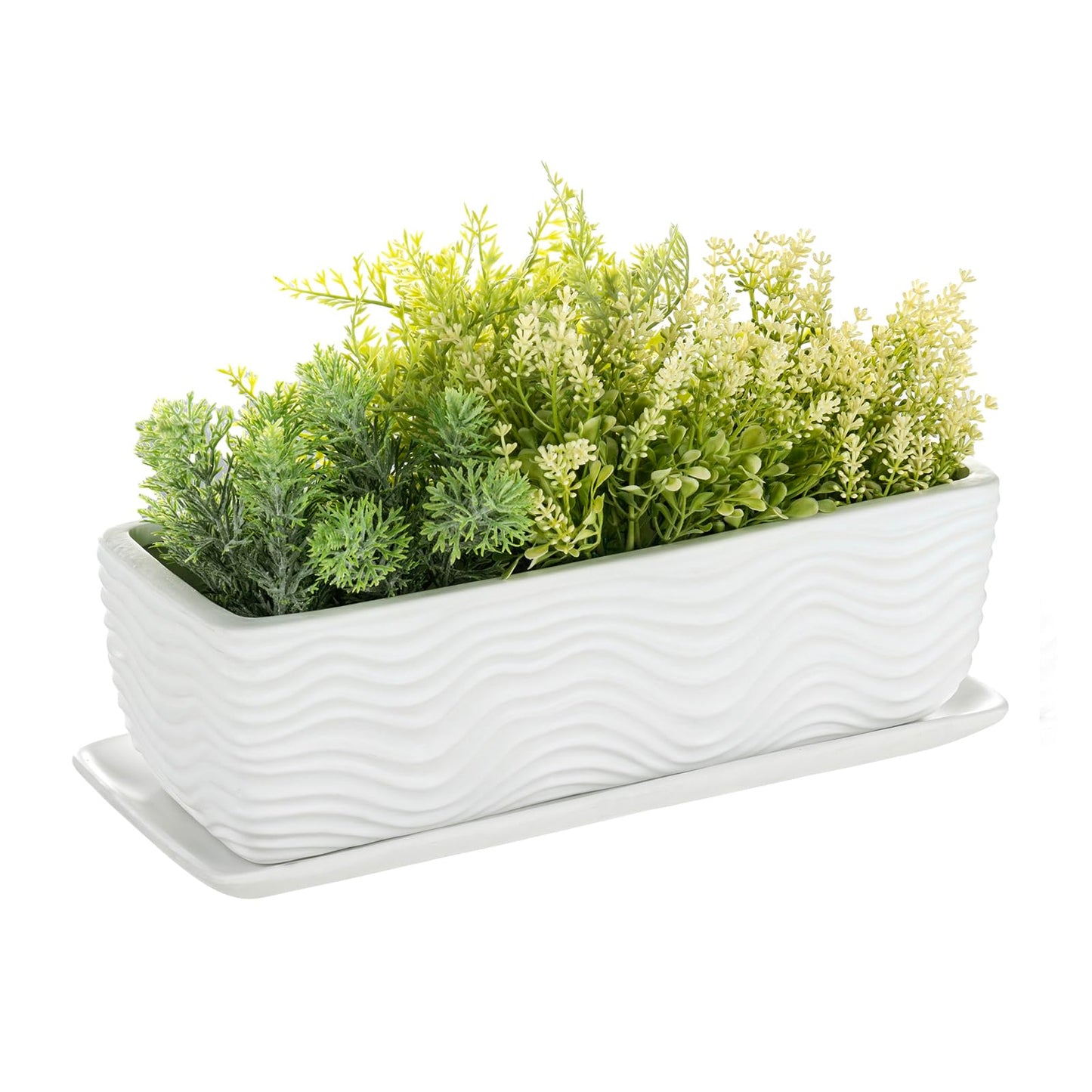 MyGift 12.5 inch Ceramic Planter, Modern Textured Rectangular Succulent Flower Plant Pot with Wave Design and Removable Drip Tray Saucer (White)