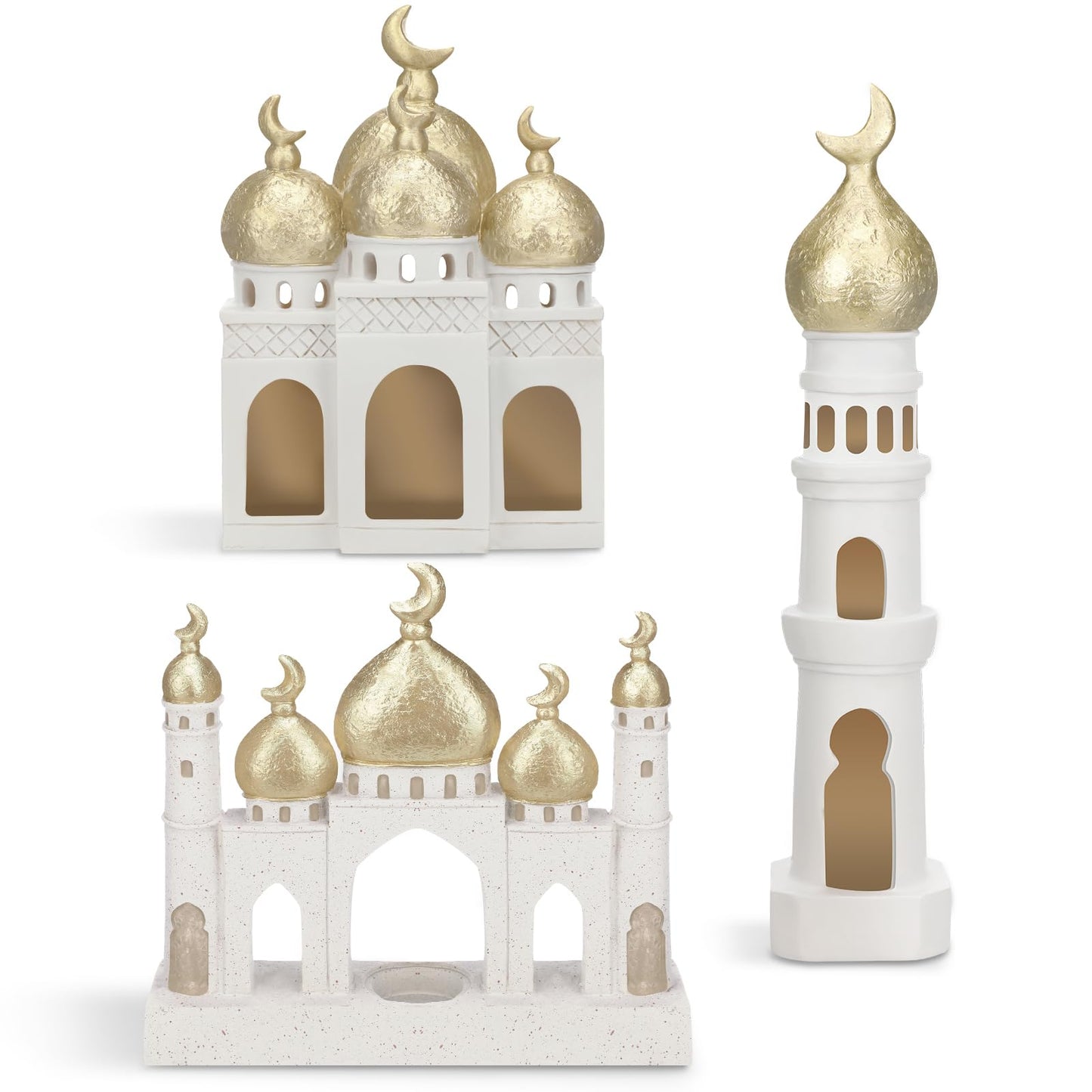 Bucherry 3 Pcs Eid Mubarak Decorations Gold and White Decorative Mosque Tower Ornaments for Home Display Islamic Gift Eid Mubarak Ramadan Table Decor for Muslim Party