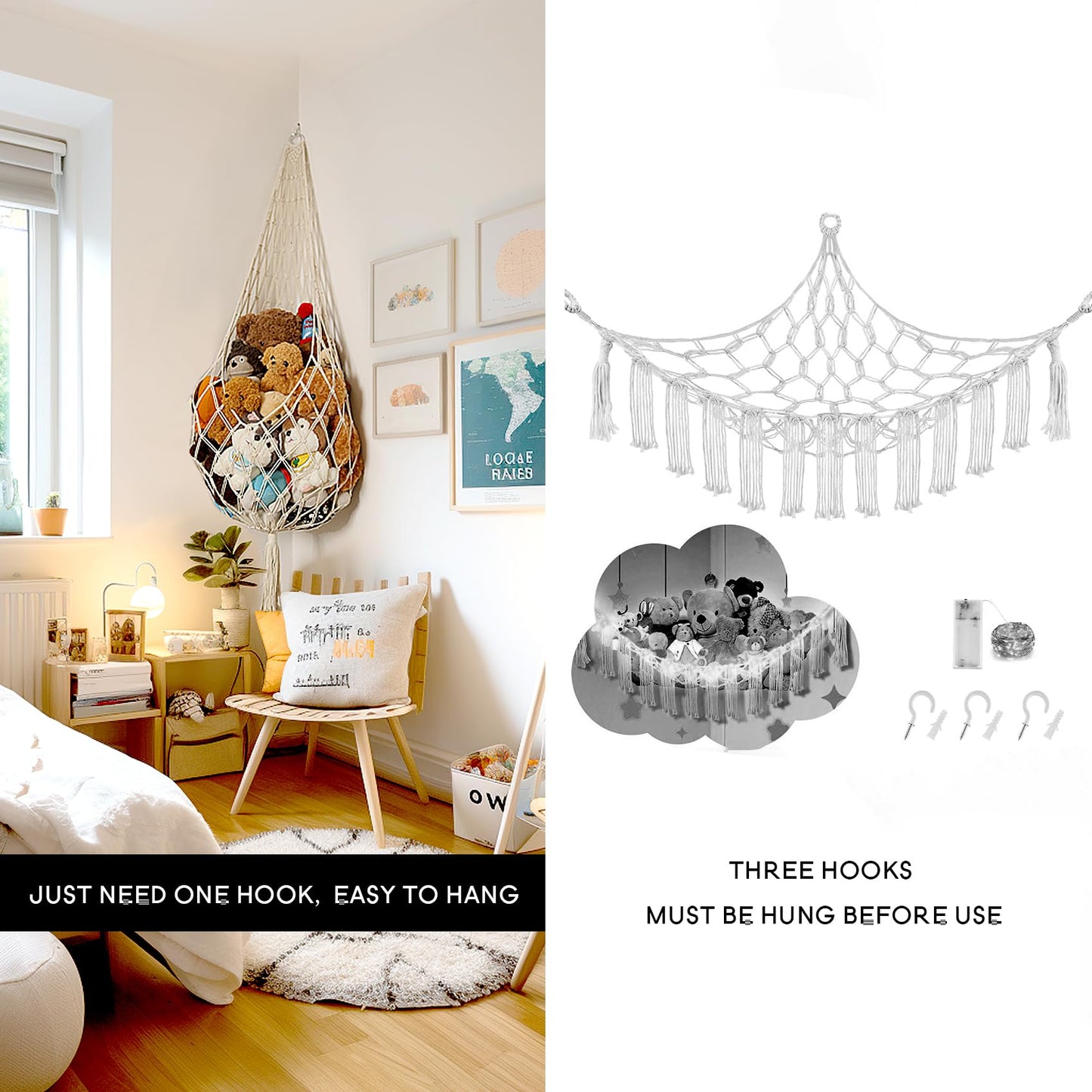 Amdermi Stuffed Animal Storage Organizers Corner Hanging Ne 60" L Stuffy Animal Hammock Macrame Toy Display Plush Toy Holder Wall, Kid Bedroom Decor Boho Nursery Playroom Organizer 60" L (Cream)