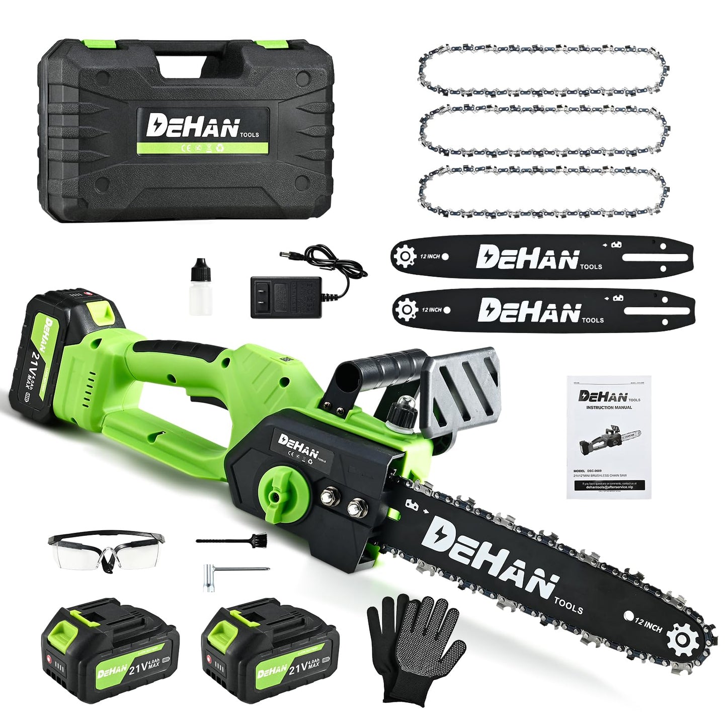 DEHANTOOLS 12 Inch Brushless Battery Chainsaw Cordless Mini Chain Saw with 2x4.0A Batteries and 3 Chains, Battery Powered Handheld Chainsaw for Tree Trimming Electric Tree Trimmer for Men