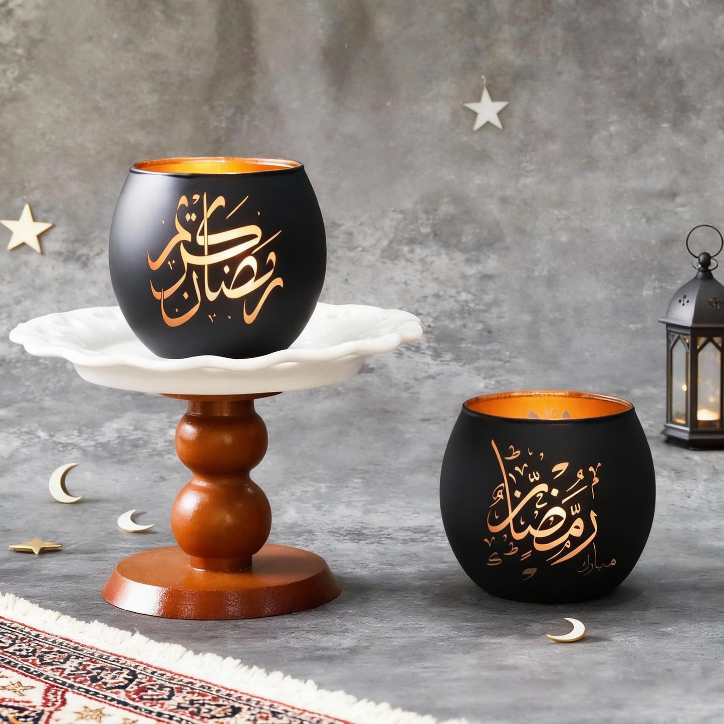 Eid Mubarak Decorations Indoor, Arabic Calligraphy 4 Pcs Laser Etched Glass Tealight Candle Holders, Ramadan Kareem & Ramadan Mubarak Votive Holders for Table Decor, Islamic Gifts