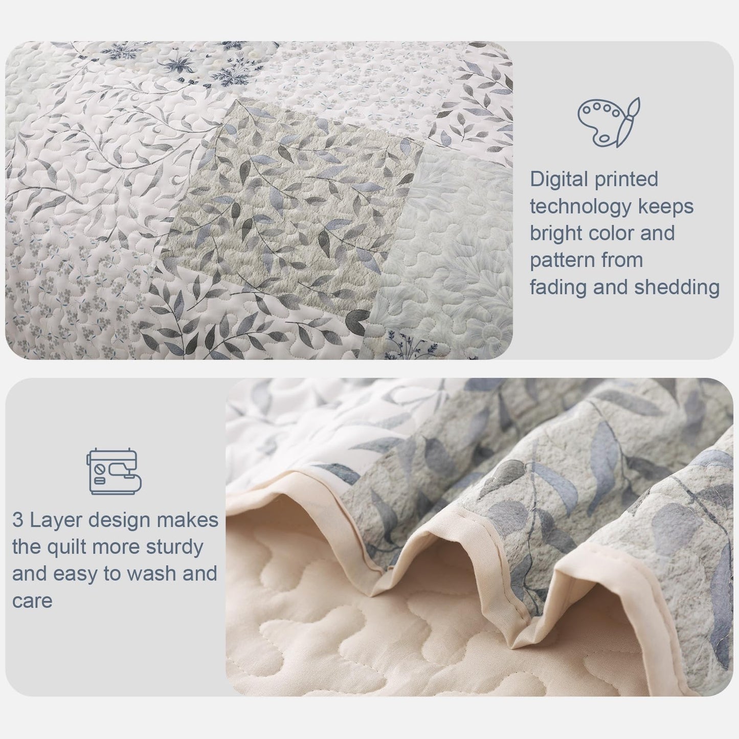 Exclusivo Mezcla Reversible Boho Quilts Queen Size, Gray Bedspreads Lightweight Coverlet All Season Patchwork Quilt Bedding Set with Printed Floral Pattern (1 Quilt, 2 Pillow Shams)